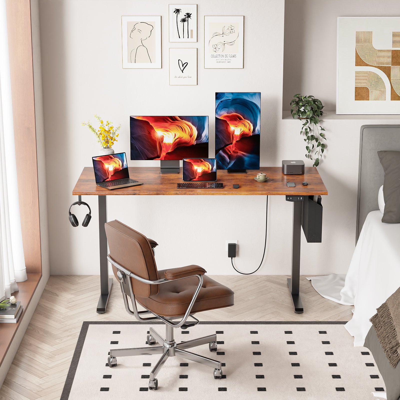 Brown 55 Inch Electric Standing Desk Height Adjustable Computer Table Sit Stand Gaming Desk Home Office Workstation with Memory Presets Storage Bag