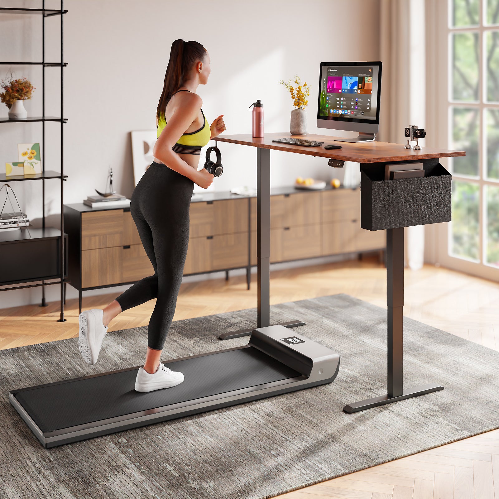 Brown 55 Inch Electric Standing Desk Height Adjustable Computer Table Sit Stand Gaming Desk Home Office Workstation with Memory Presets Storage Bag