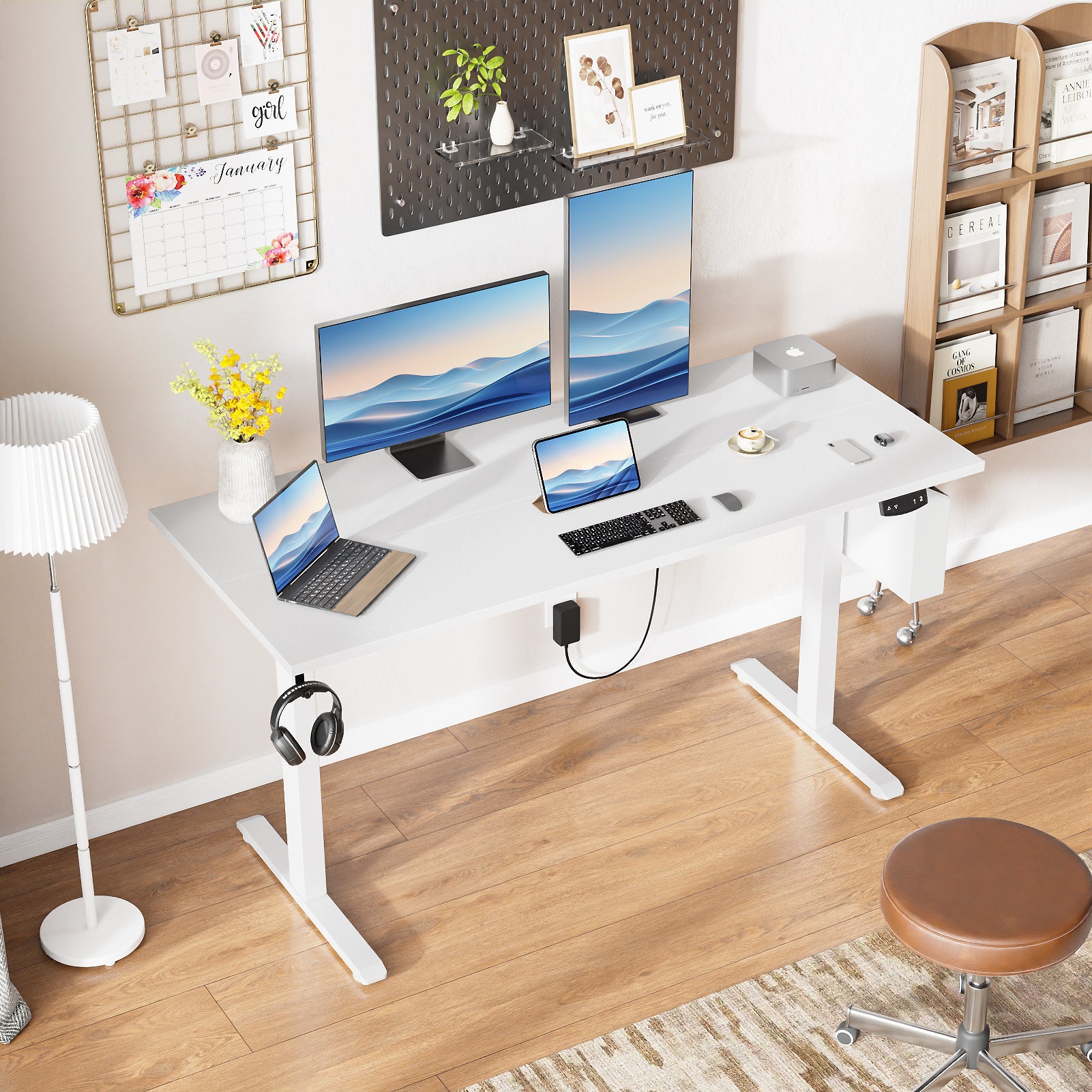 Electric Height Adjustable Standing Desk Sit to Stand Computer Desk with Storage Bag Memory Presets Ergonomic Home Office Workstation 55 Inch White