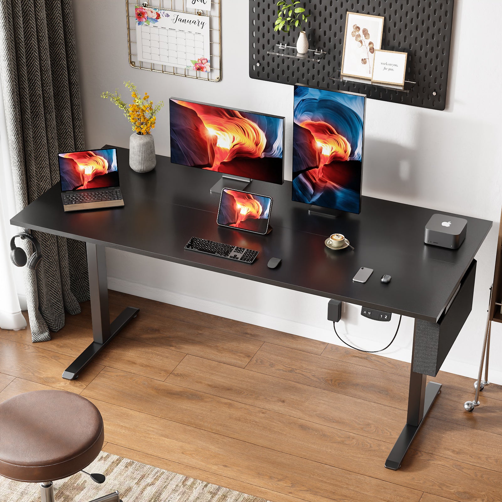 Electric Height Adjustable Standing Desk Sit to Stand Computer Desk with Storage Bag Memory Presets Ergonomic Home Office Workstation 63 Inch Black