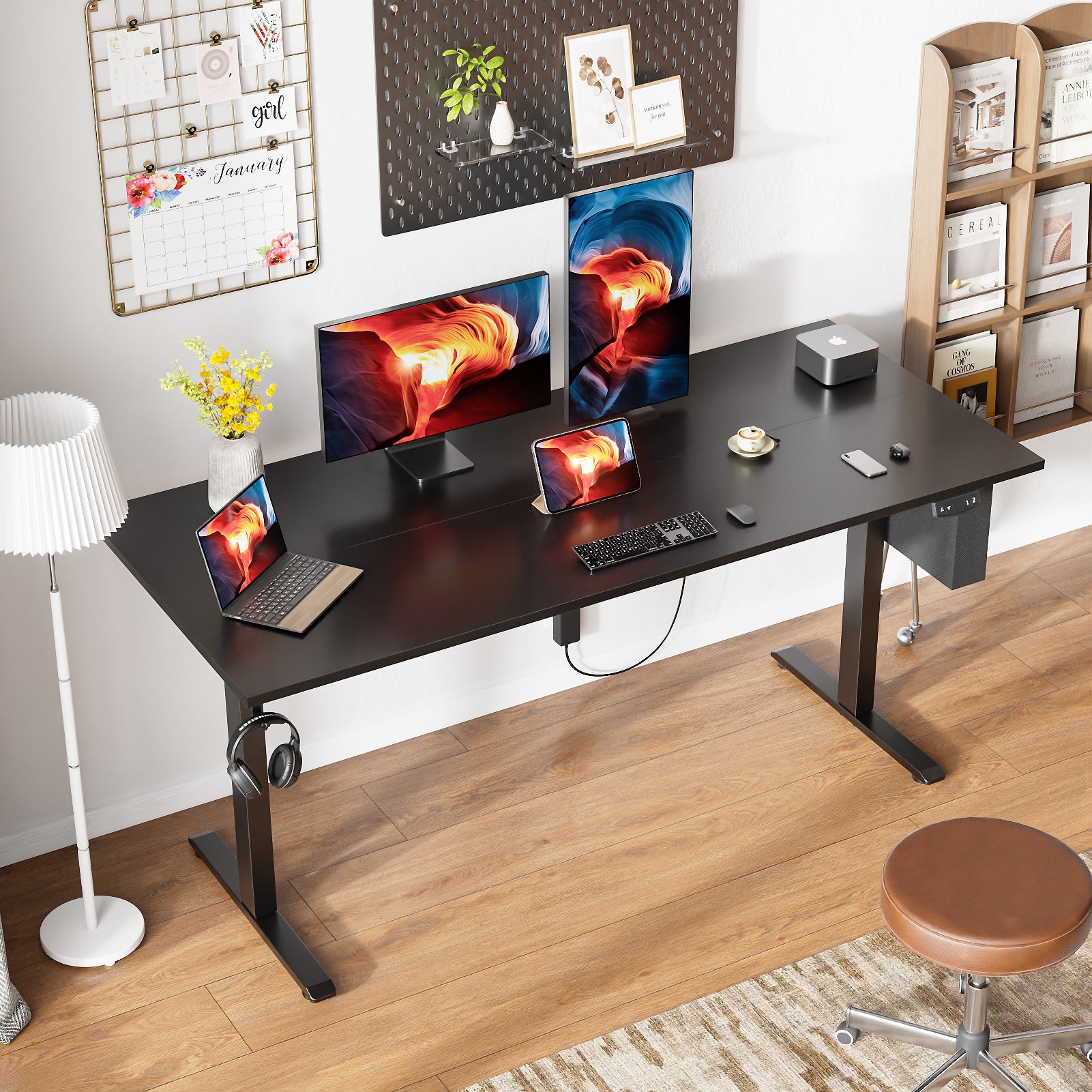 Electric Height Adjustable Standing Desk Sit to Stand Computer Desk with Storage Bag Memory Presets Ergonomic Home Office Workstation 63 Inch Black