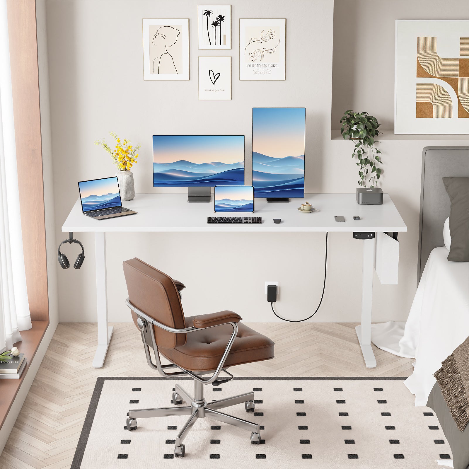 Sit to Stand Electric Standing Desk 63 Inch White Height Adjustable Computer Table Memory Presets Storage Bag Ergonomic Home Office PC Gaming Desk