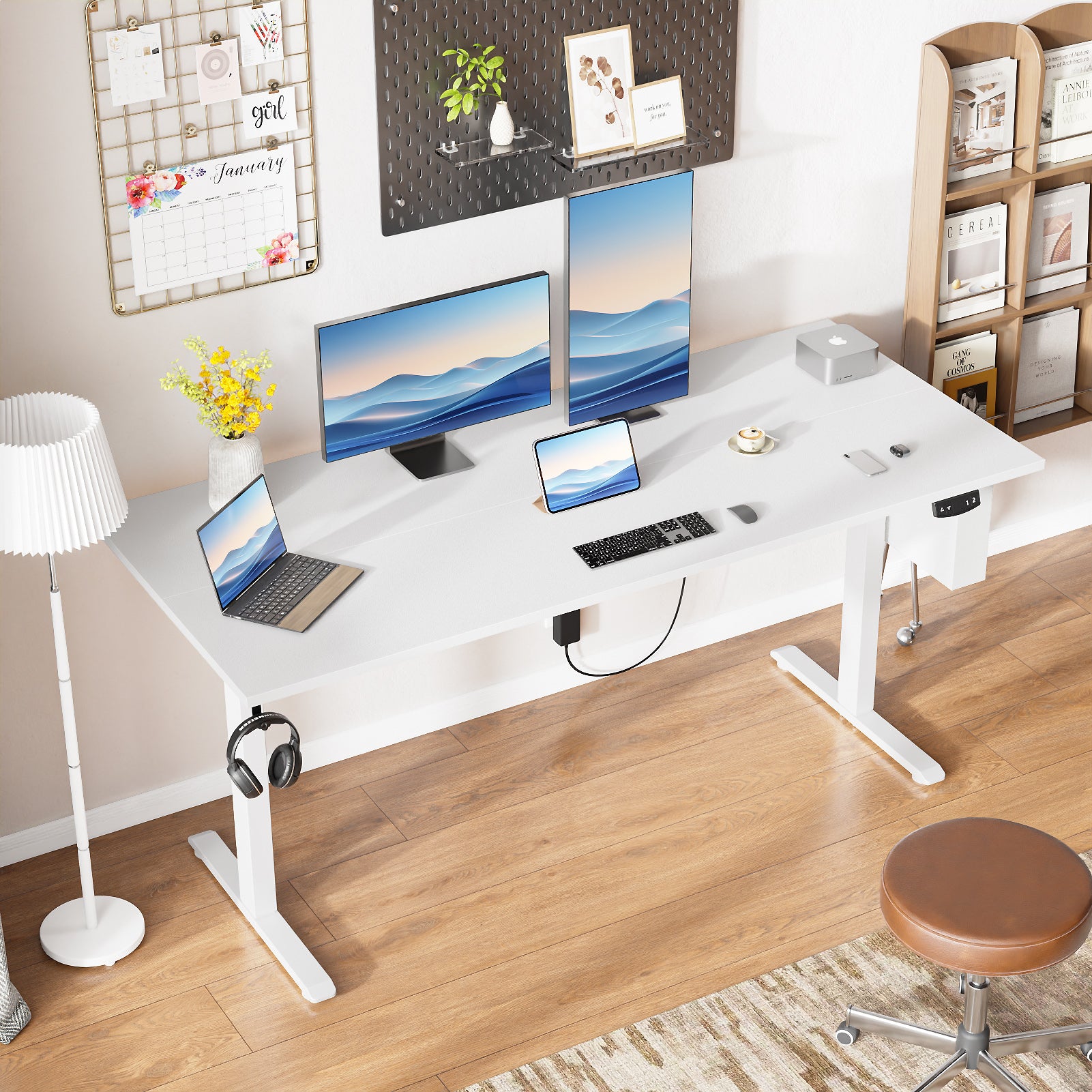 Sit to Stand Electric Standing Desk 63 Inch White Height Adjustable Computer Table Memory Presets Storage Bag Ergonomic Home Office PC Gaming Desk