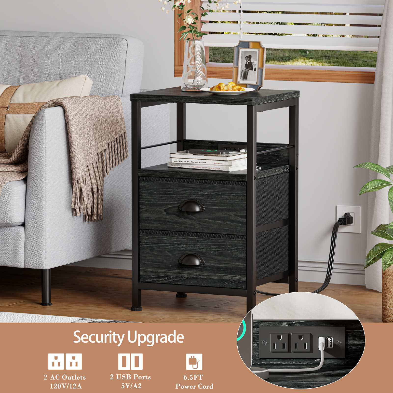 Set of 2 Nightstands with Charging Station and USB Ports Modern Bedside Side Tables with 2 Fabric Drawers and Storage Shelves End Tables Bedroom Black