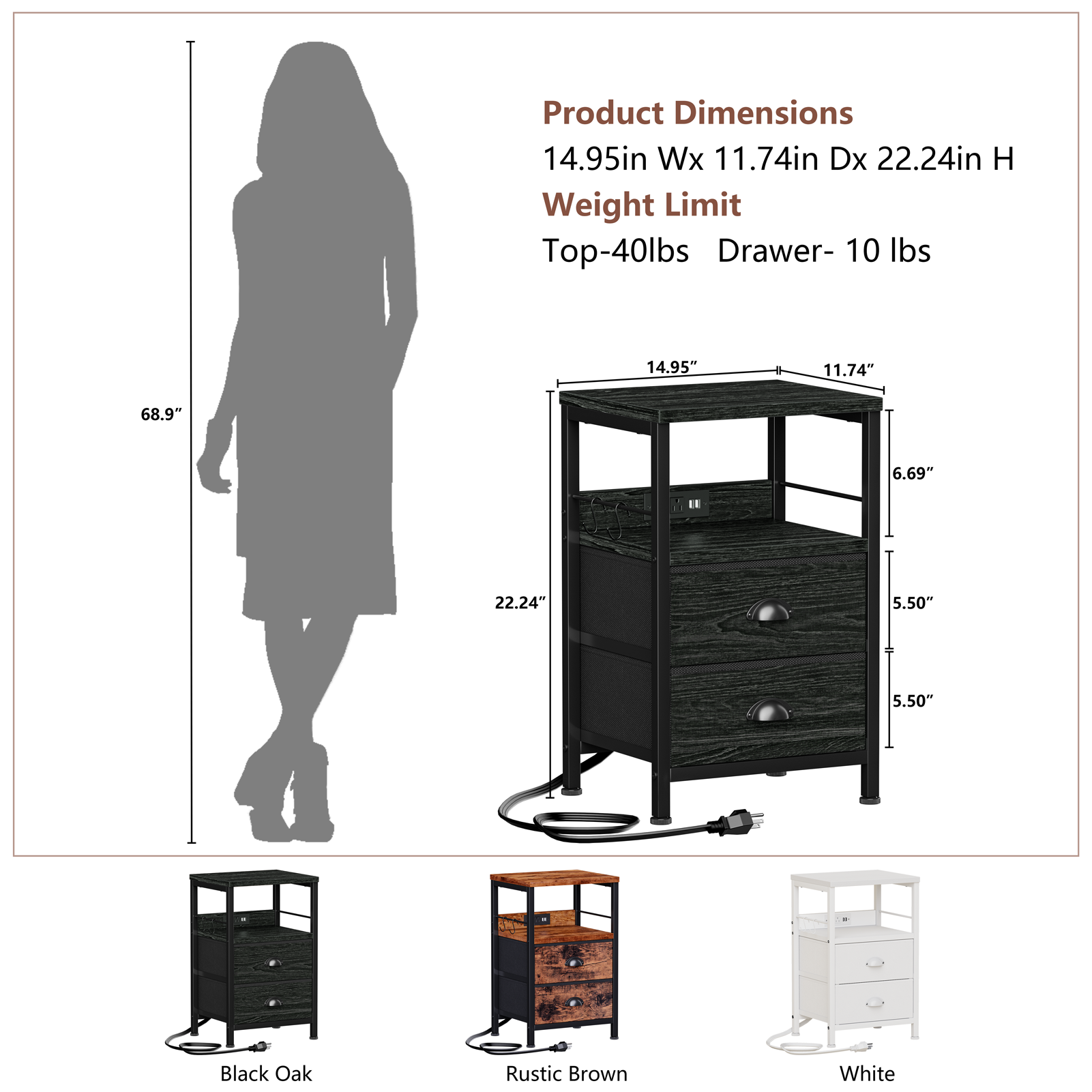 Set of 2 Nightstands with Charging Station and USB Ports Modern Bedside Side Tables with 2 Fabric Drawers and Storage Shelves End Tables Bedroom Black