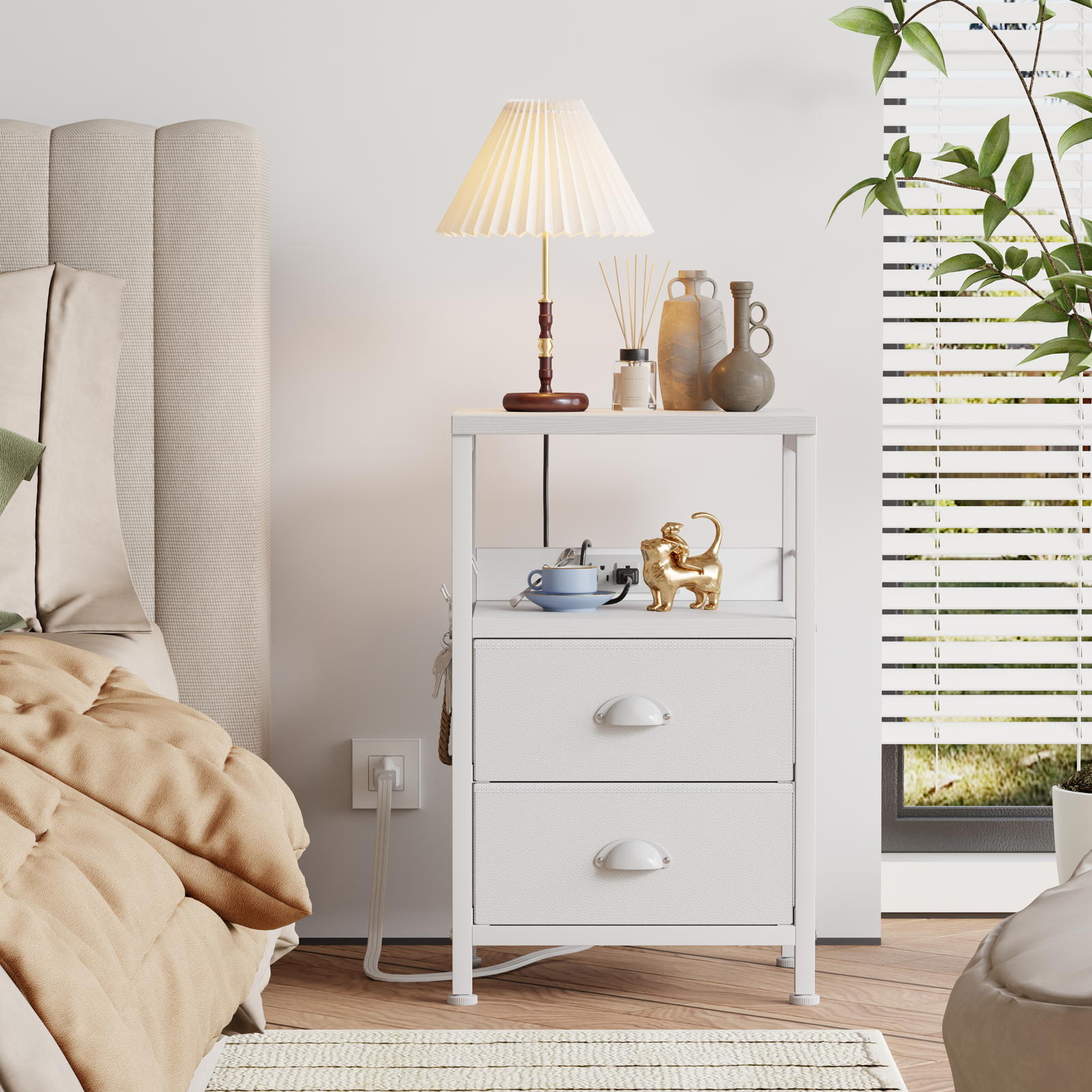 Set of 2 Nightstands with Charging Station and USB Ports Modern Bedside Side Tables with 2 Fabric Drawers and Storage Shelves End Tables Bedroom White