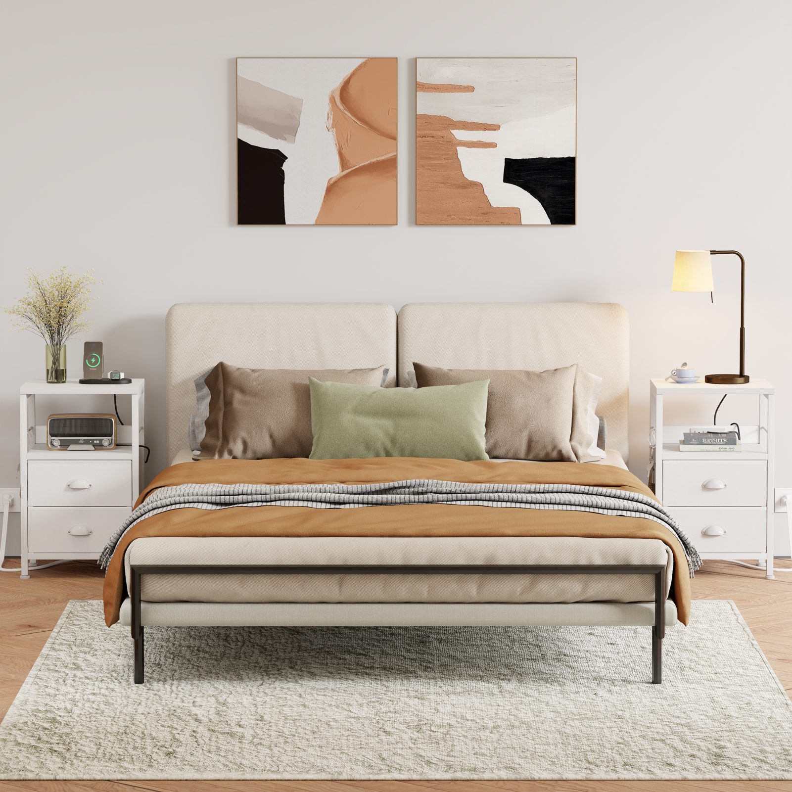 Set of 2 Nightstands with Charging Station and USB Ports Modern Bedside Side Tables with 2 Fabric Drawers and Storage Shelves End Tables Bedroom White