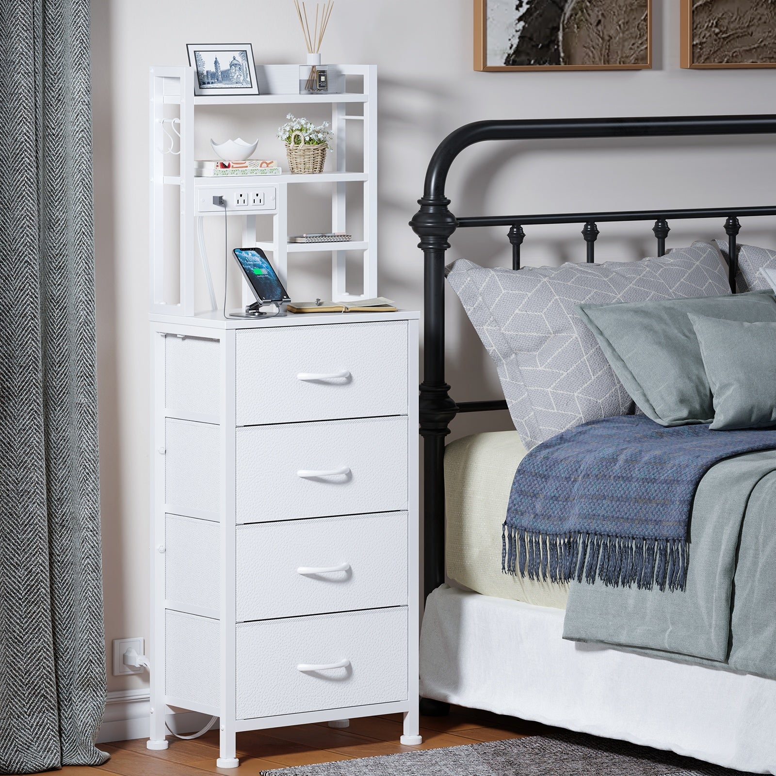 Furnulem Tall Night Stand with 3 Fabric Drawers and LED Lights, Nightstand with Bookshelf