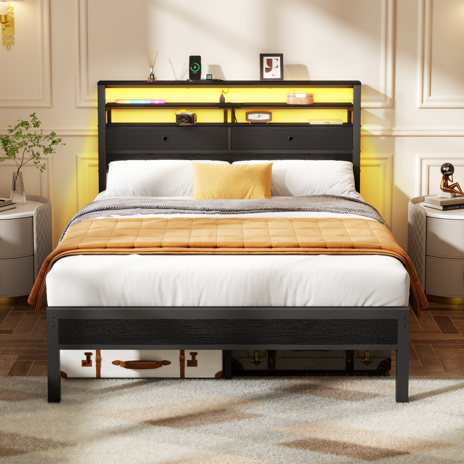 Black Oak Full Size Gaming Bed Frame LED Lights Charging Station Storage Headboard 2 Drawers Metal Platform Mattress Foundation No Box Spring USB