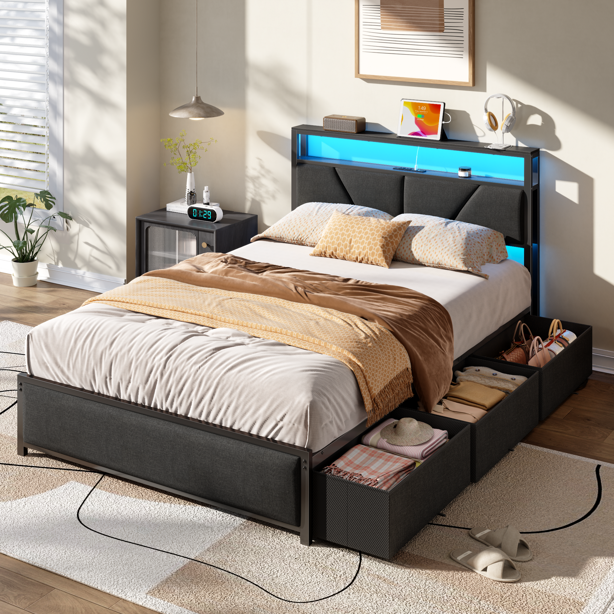 Qwatto Full Size Bed Frame with 6 Storage Drawers Charging Station LED Lights Upholstered Storage Headboard Metal Platform No Box Spring Needed