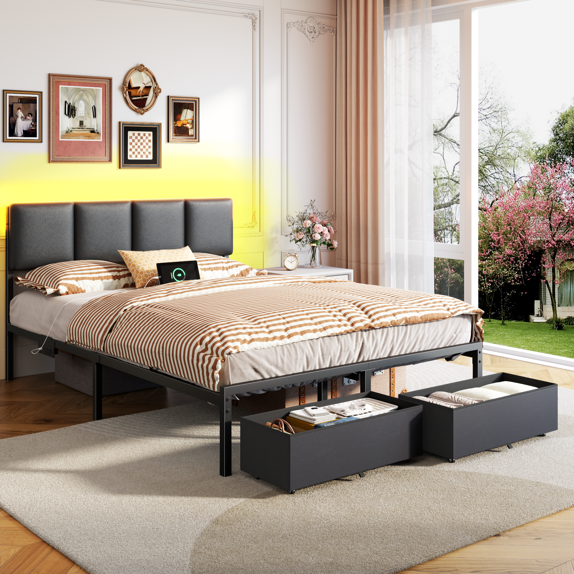 Qwatto Full Size Upholstered Platform Bed Frame with LED Lights USB Charging Station and Two Storage Drawers Black Faux Leather No Box Spring Needed