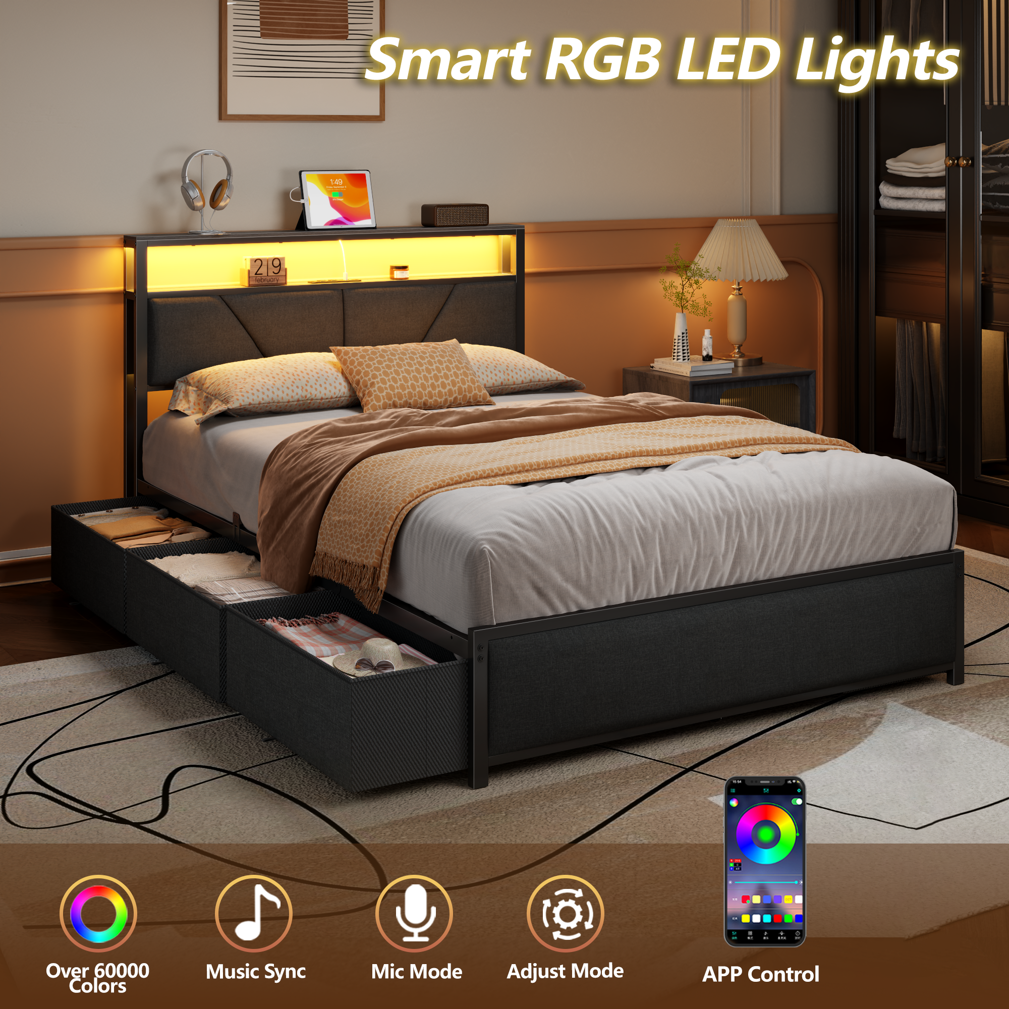 Qwatto Full Size Bed Frame with 6 Storage Drawers Charging Station LED Lights Upholstered Storage Headboard Metal Platform No Box Spring Needed
