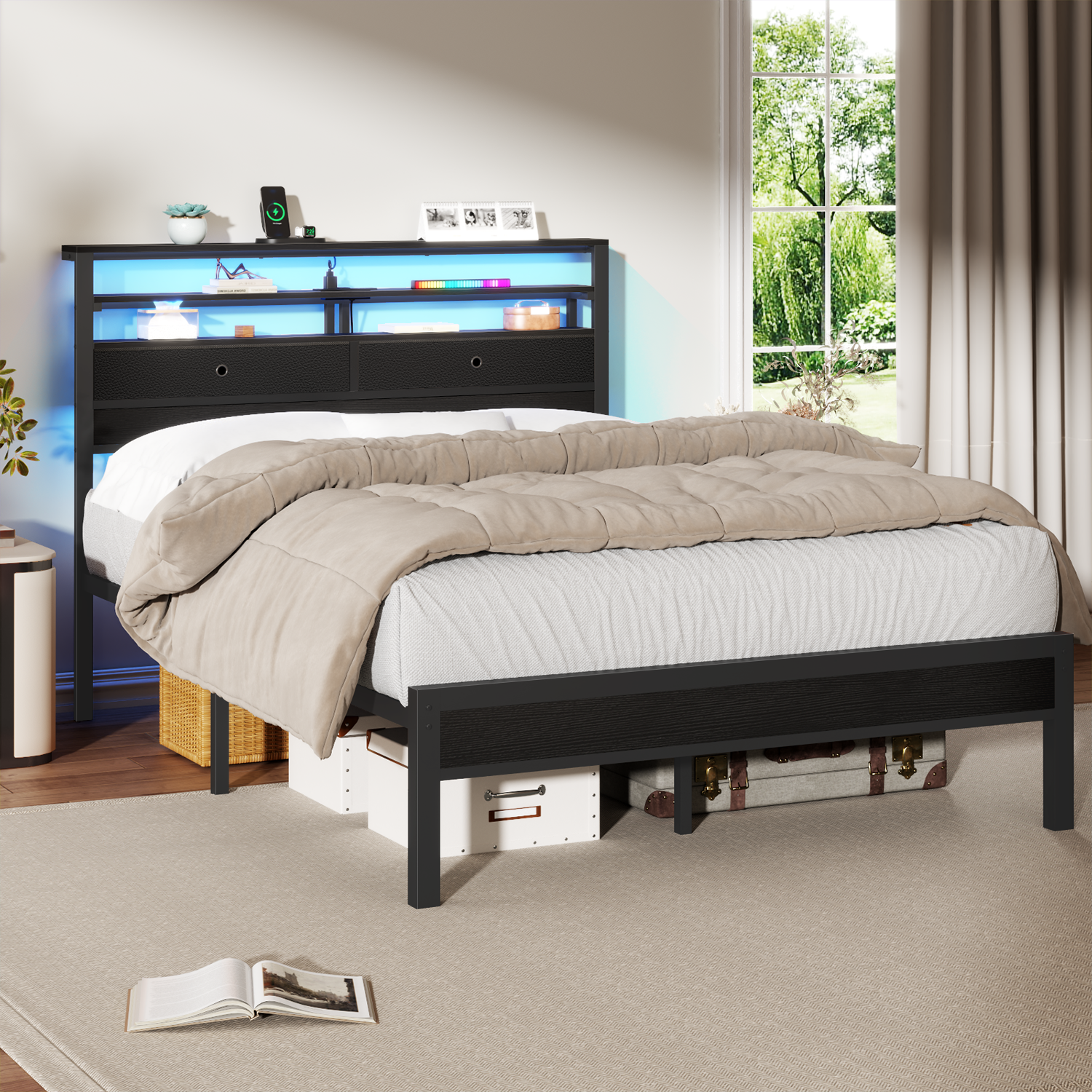 Full Size Platform Bed Frame With 2 Storage Drawers Shelves Headboard LED Lights Charging Station Black Oak Metal Slats Support No Box Spring USB