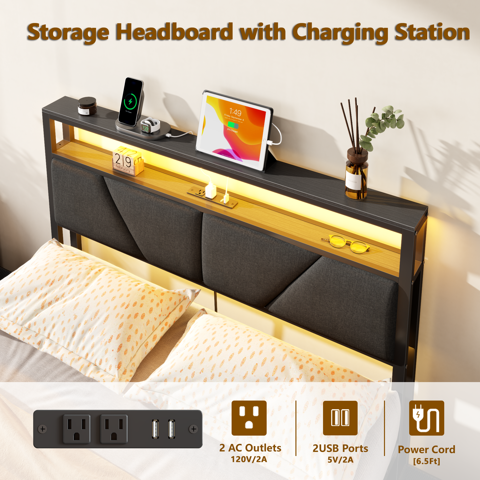 Qwatto Full Size Bed Frame with 6 Storage Drawers Charging Station LED Lights Upholstered Storage Headboard Metal Platform No Box Spring Needed