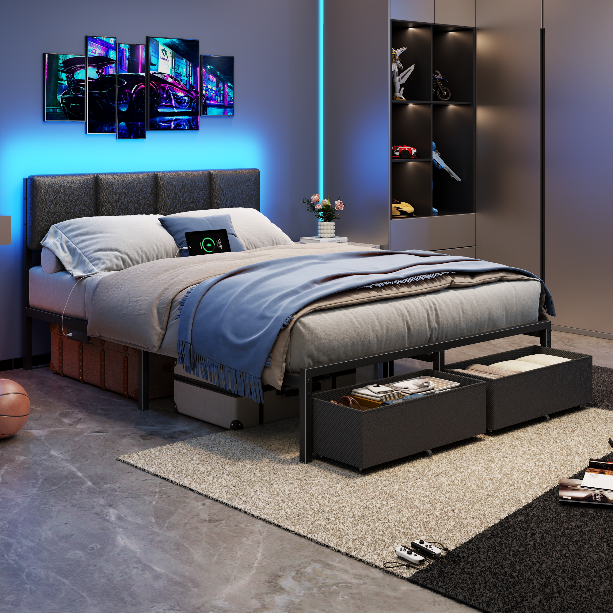 Qwatto Full Size Upholstered Platform Bed Frame with LED Lights USB Charging Station and Two Storage Drawers Black Faux Leather No Box Spring Needed