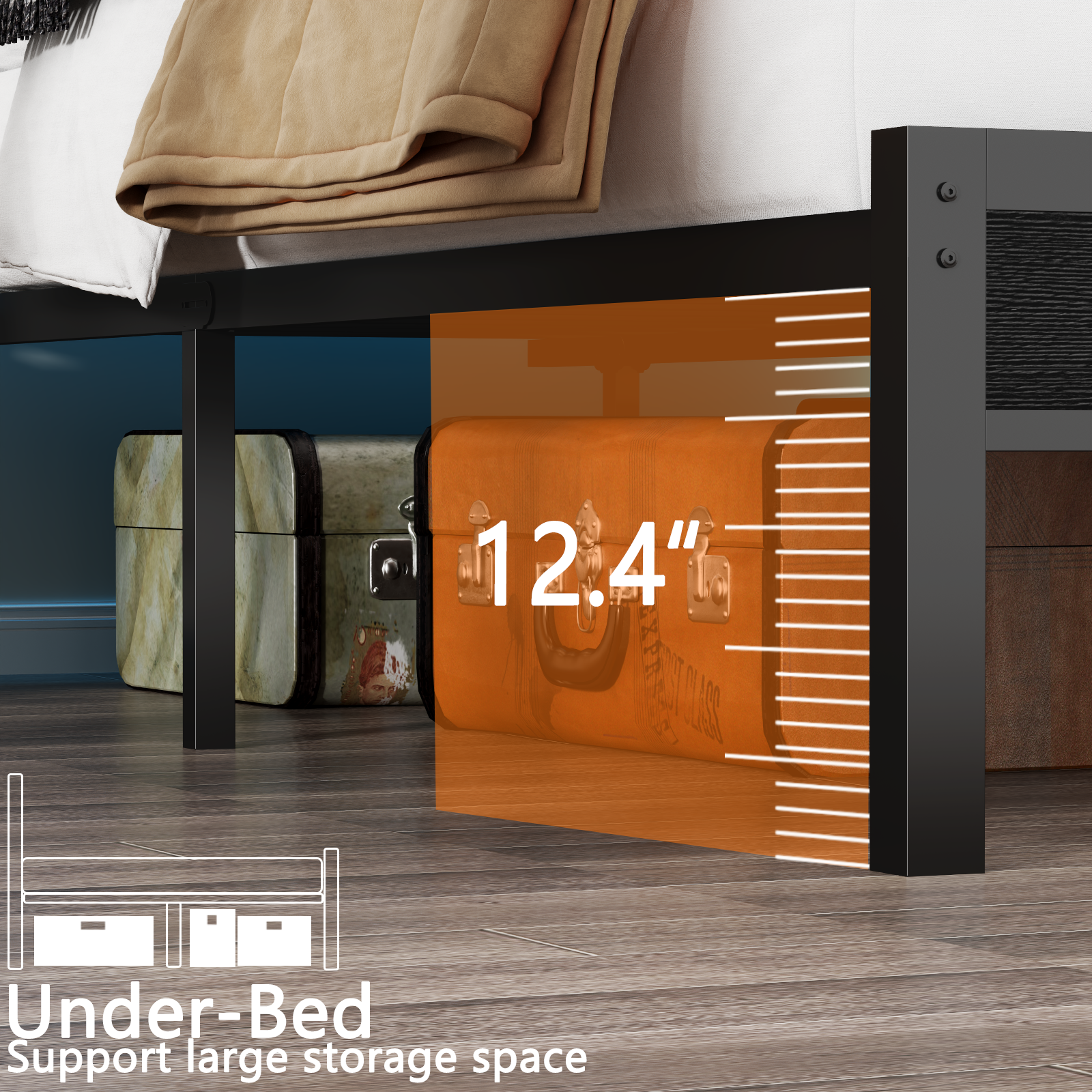 Full Size Platform Bed Frame With 2 Storage Drawers Shelves Headboard LED Lights Charging Station Black Oak Metal Slats Support No Box Spring USB