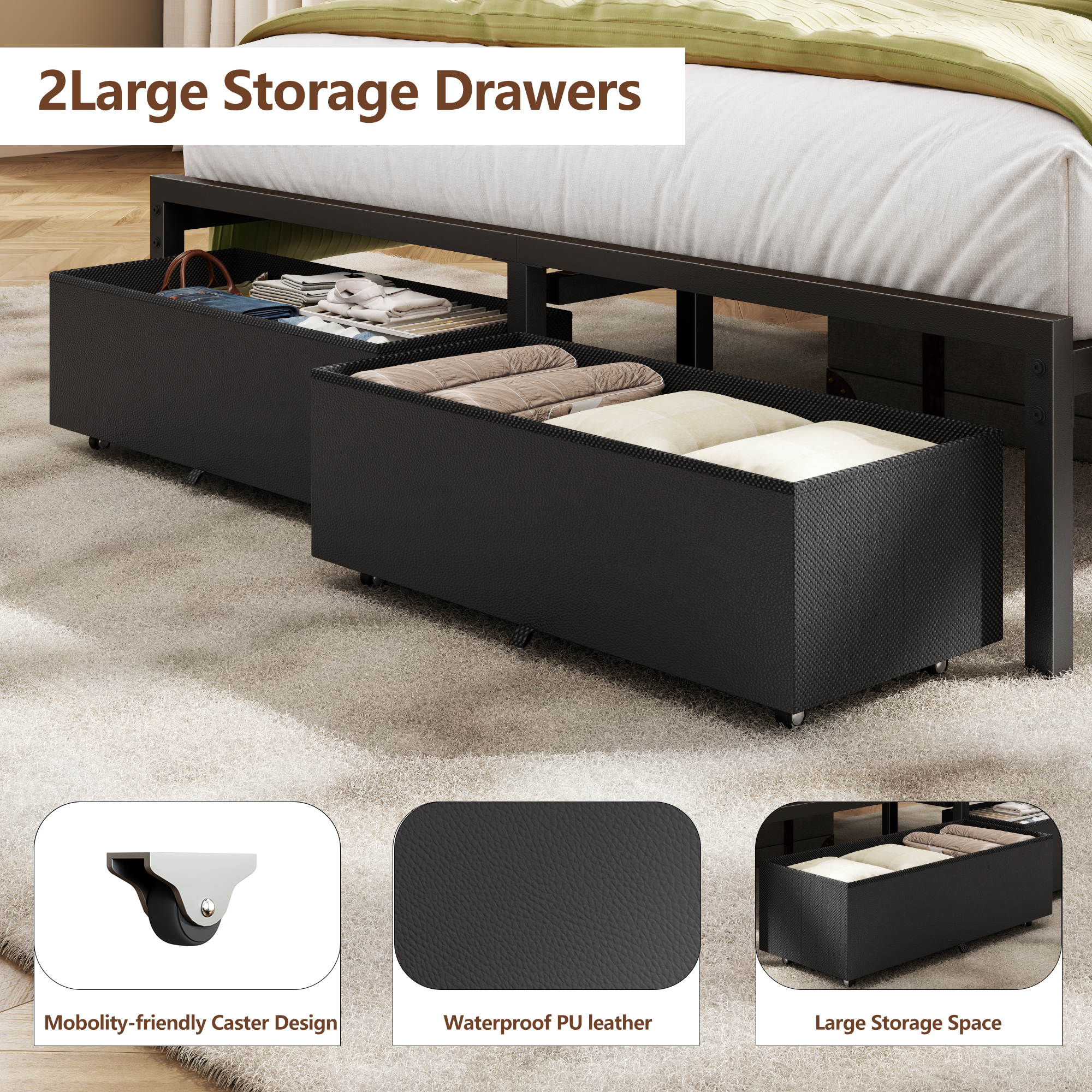 Qwatto Full Size Upholstered Platform Bed Frame with LED Lights USB Charging Station and Two Storage Drawers Black Faux Leather No Box Spring Needed