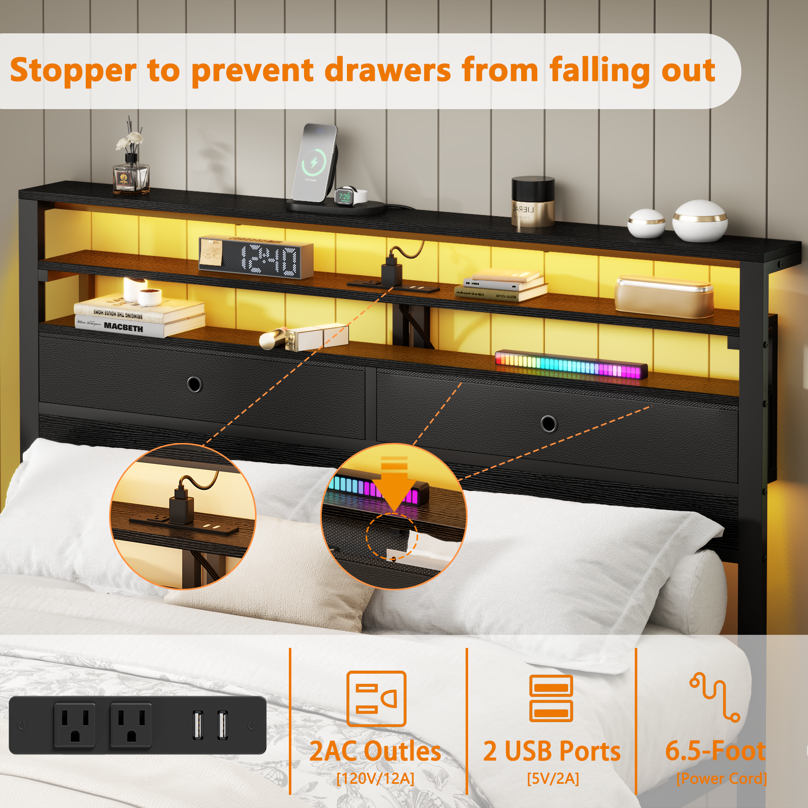 Full Size Platform Bed Frame LED Lights Charging Station Storage Shelves 2 Fabric Drawers Black Oak Metal Slats No Box Spring Needed Noise Free