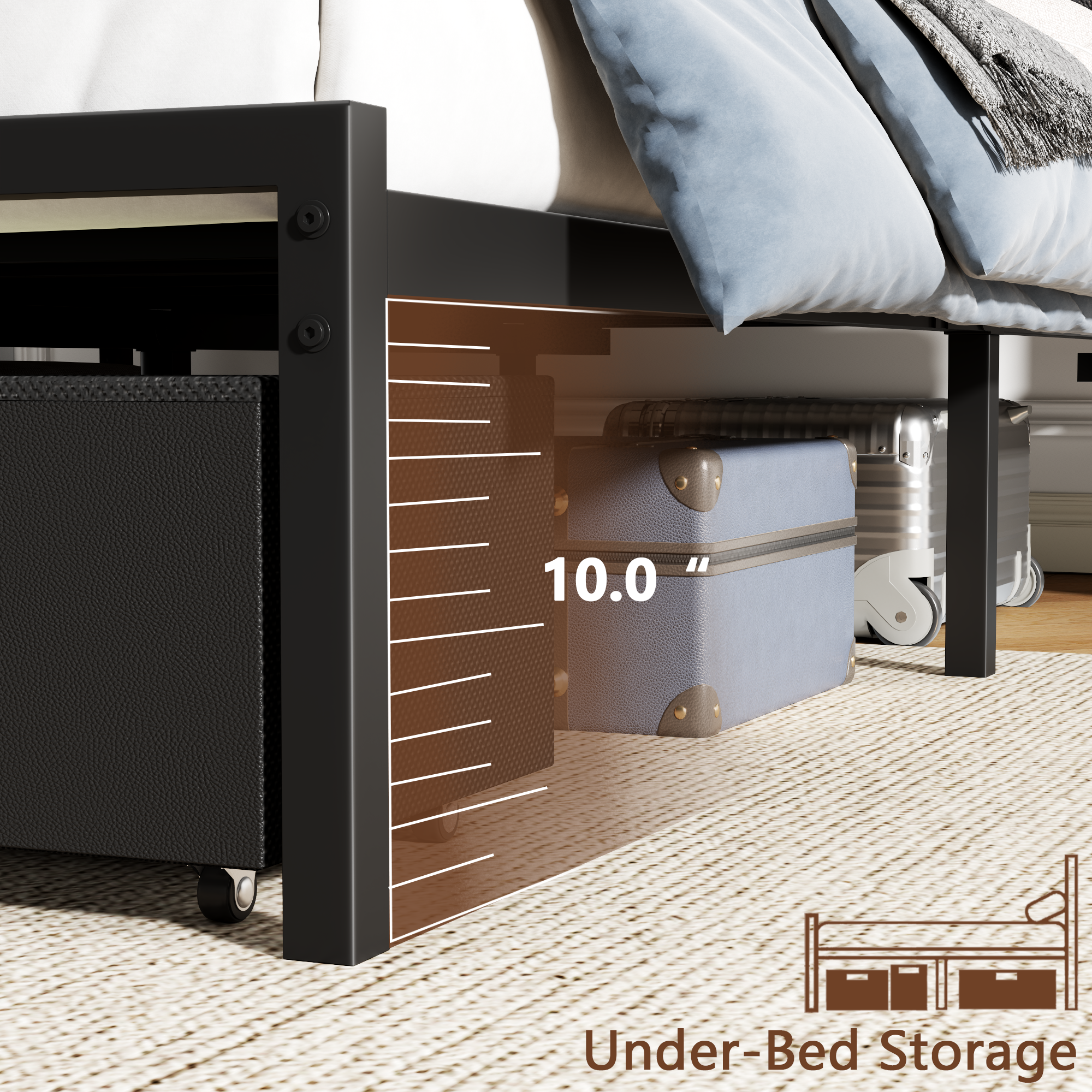 Qwatto Full Size Upholstered Platform Bed Frame with LED Lights USB Charging Station and Two Storage Drawers Black Faux Leather No Box Spring Needed