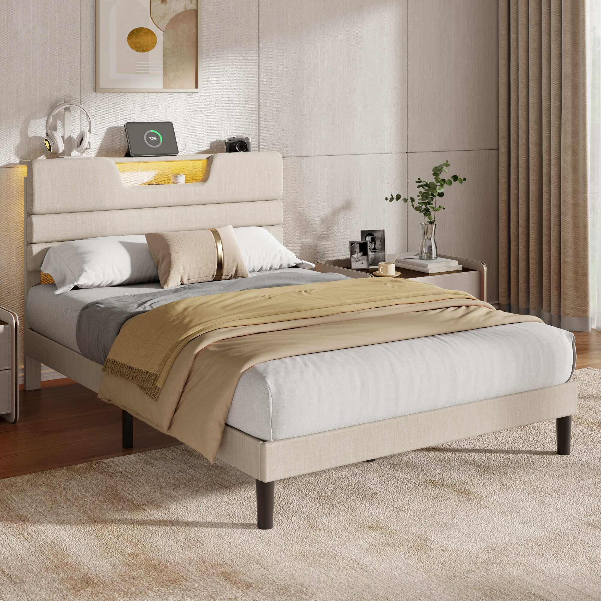 Full Bed Frame with LED Lights, Headboard with Charging Station Upholstered Platform Bedframe Metal Support No Box Spring Needed 2-Tier Storage