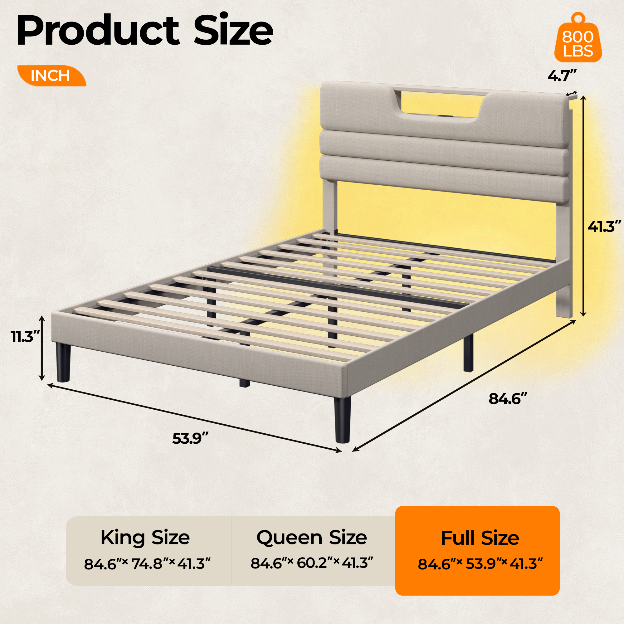 Full Size Platform Bed Frame with Storage Headboard LED Lights Charging Station Beige Upholstered USB Wood Slats Support No Box Spring Needed
