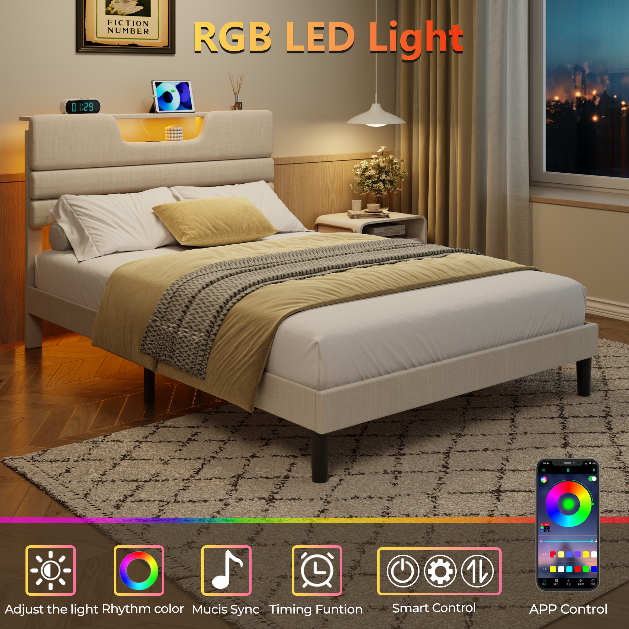 Full Size Platform Bed Frame with Storage Headboard LED Lights Charging Station Beige Upholstered USB Wood Slats Support No Box Spring Needed