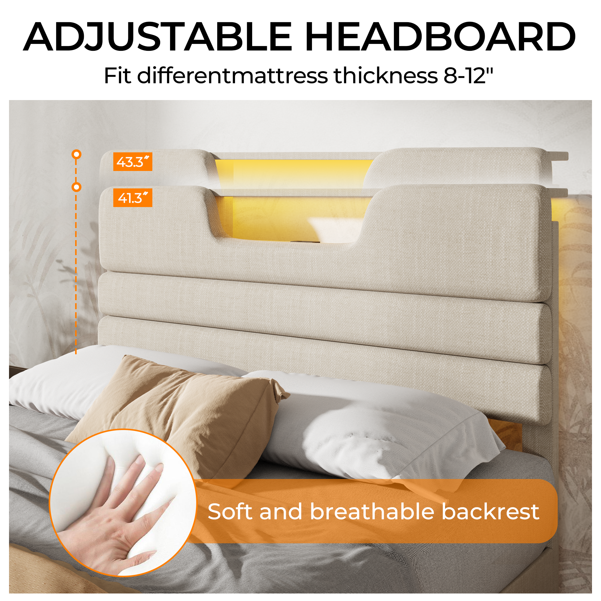 Full Size Platform Bed Frame with Storage Headboard LED Lights Charging Station Beige Upholstered USB Wood Slats Support No Box Spring Needed