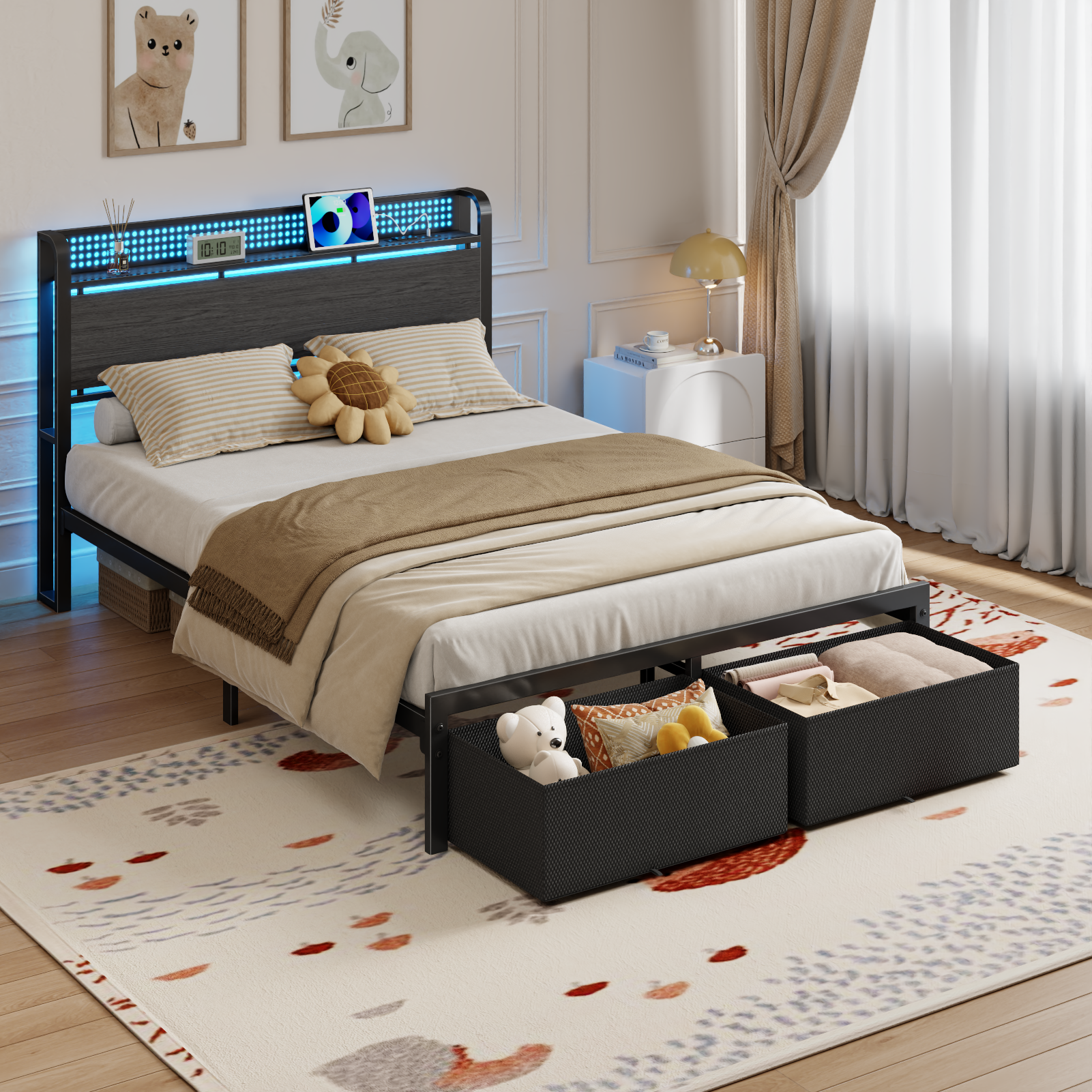 Full Size Platform Bed Frame 2 Storage Drawers Headboard LED Lights Charging Station Heavy Duty Metal Wood No Box Spring Needed Guest Bedroom USB