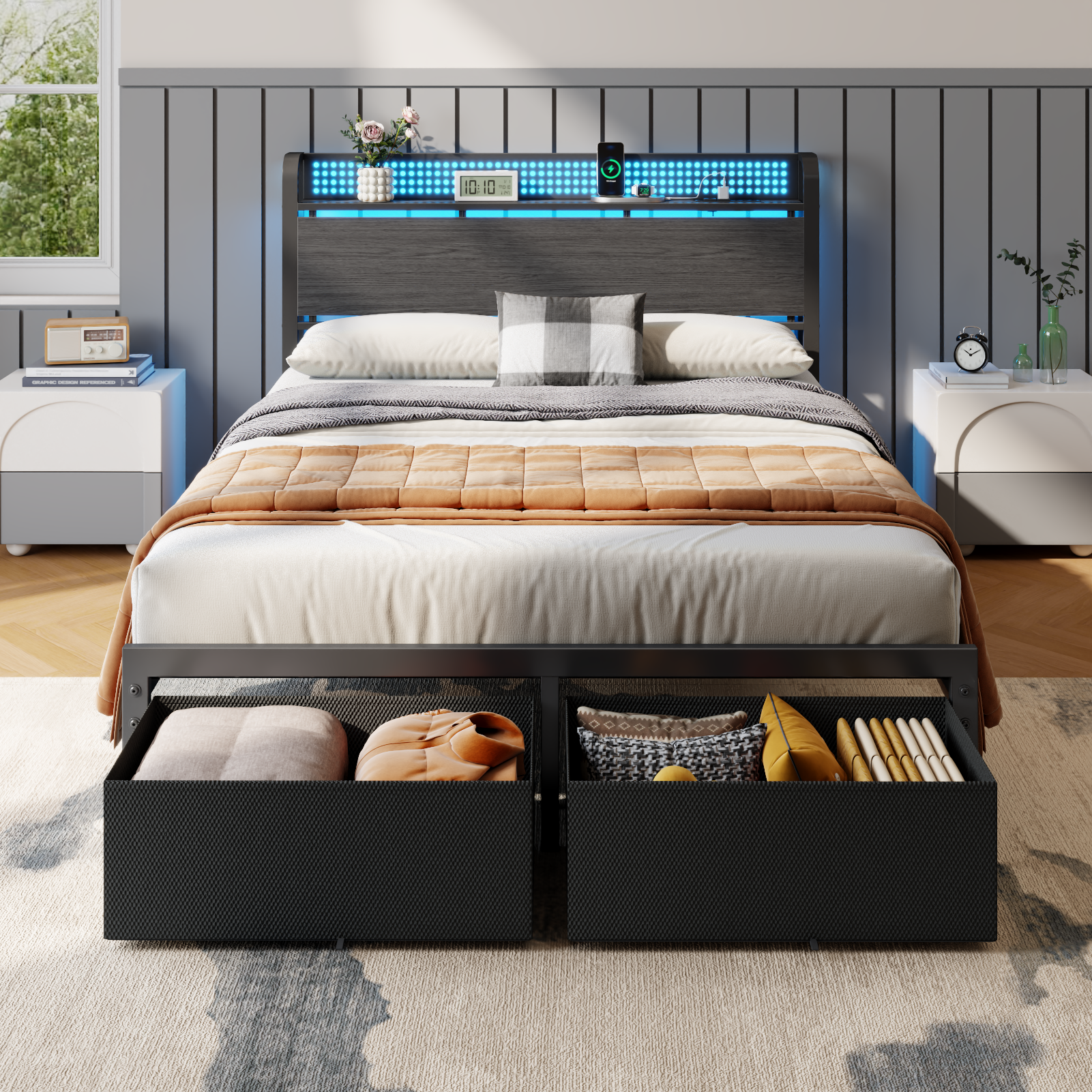 Full Size Platform Bed Frame 2 Storage Drawers Headboard LED Lights Charging Station Heavy Duty Metal Wood No Box Spring Needed Guest Bedroom USB