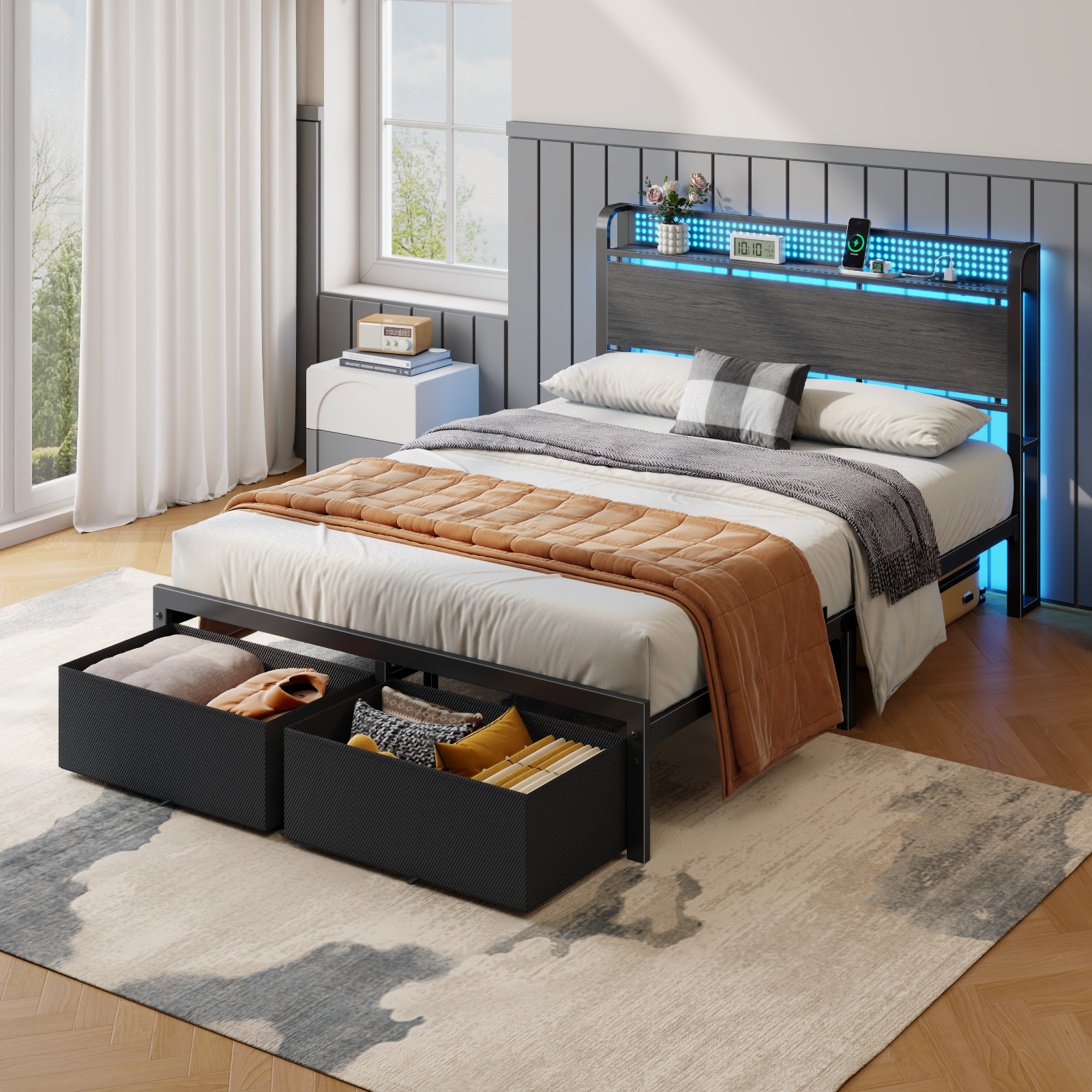 Full Size Platform Bed Frame 2 Storage Drawers Headboard LED Lights Charging Station Heavy Duty Metal Wood No Box Spring Needed Guest Bedroom USB