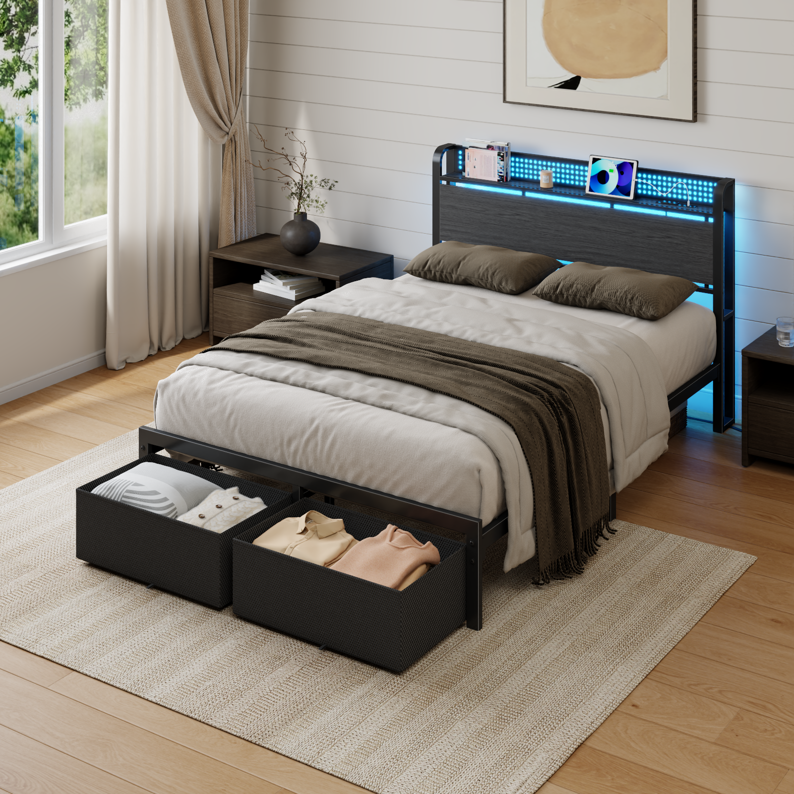 Full Size Platform Bed Frame 2 Storage Drawers Headboard LED Lights Charging Station Heavy Duty Metal Wood No Box Spring Needed Guest Bedroom USB