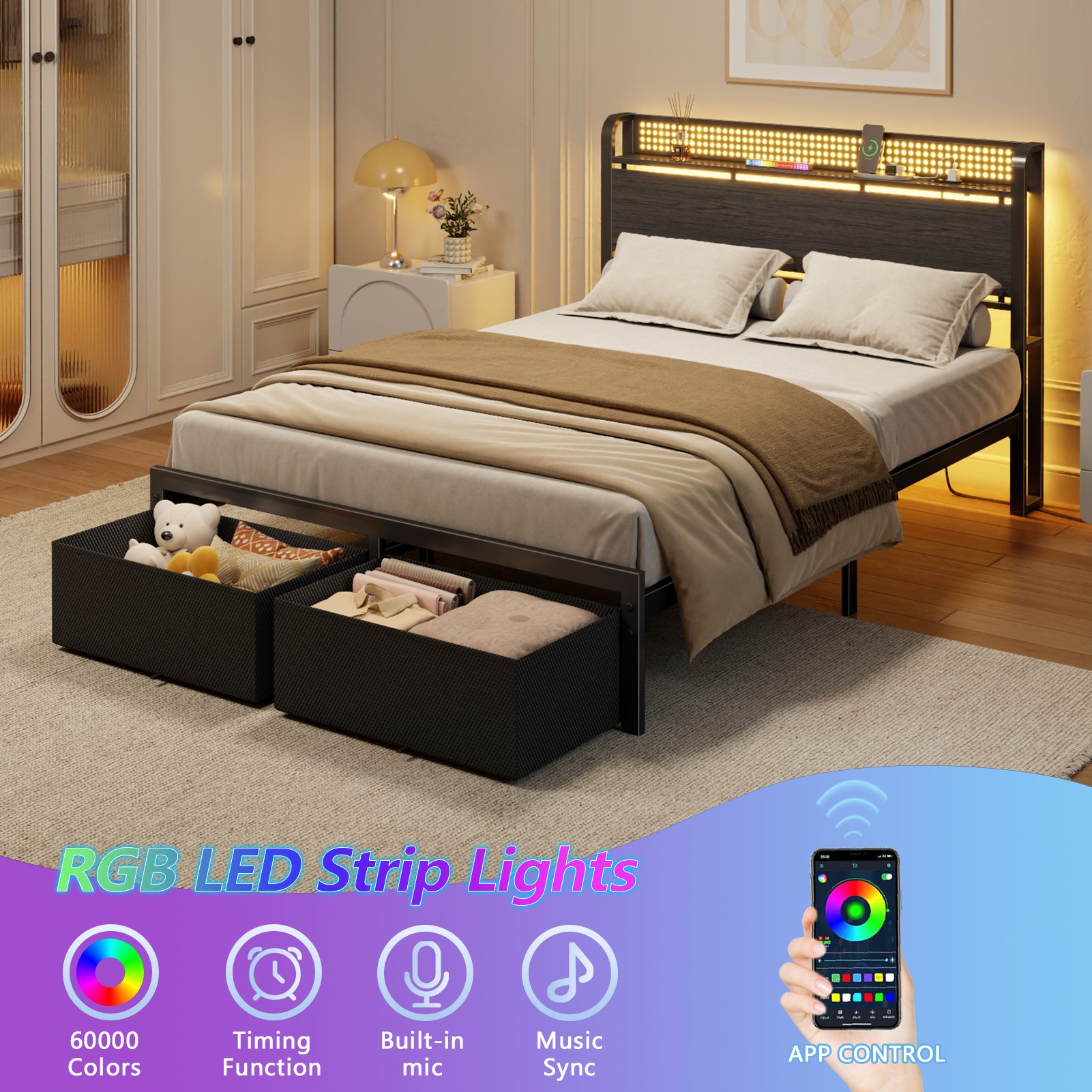 Full Size Platform Bed Frame 2 Storage Drawers Headboard LED Lights Charging Station Heavy Duty Metal Wood No Box Spring Needed Guest Bedroom USB