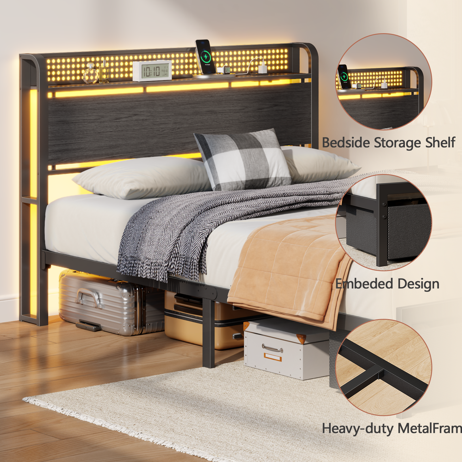 Full Size Platform Bed Frame 2 Storage Drawers Headboard LED Lights Charging Station Heavy Duty Metal Wood No Box Spring Needed Guest Bedroom USB