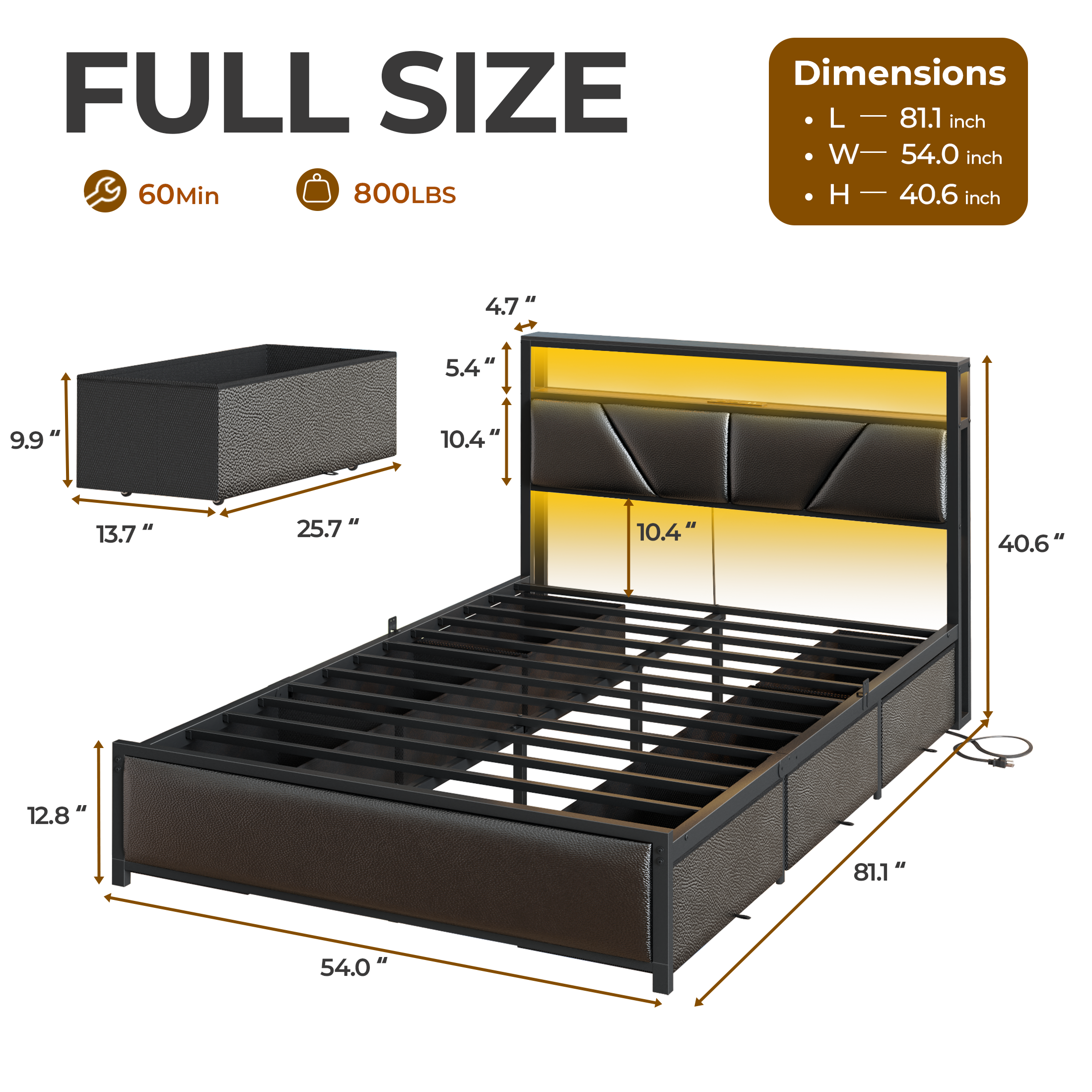 Qwatto Full Size Storage Bed Frame with 6 Drawers Charging Station LED Lights PU Leather Upholstered Headboard Platform Metal No Box Spring Needed