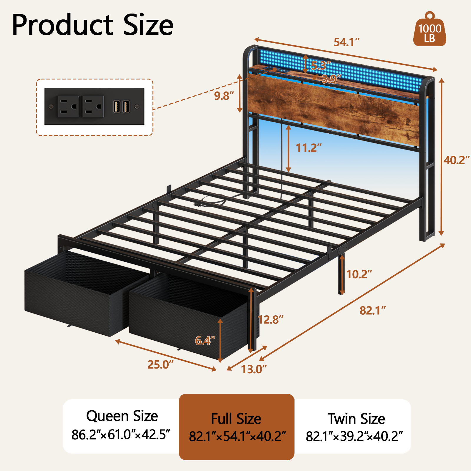 Furnulem Full Size Bed Frame with Headboard Storage Platform Bed Frame Full Size Charging Station and LED Lights
