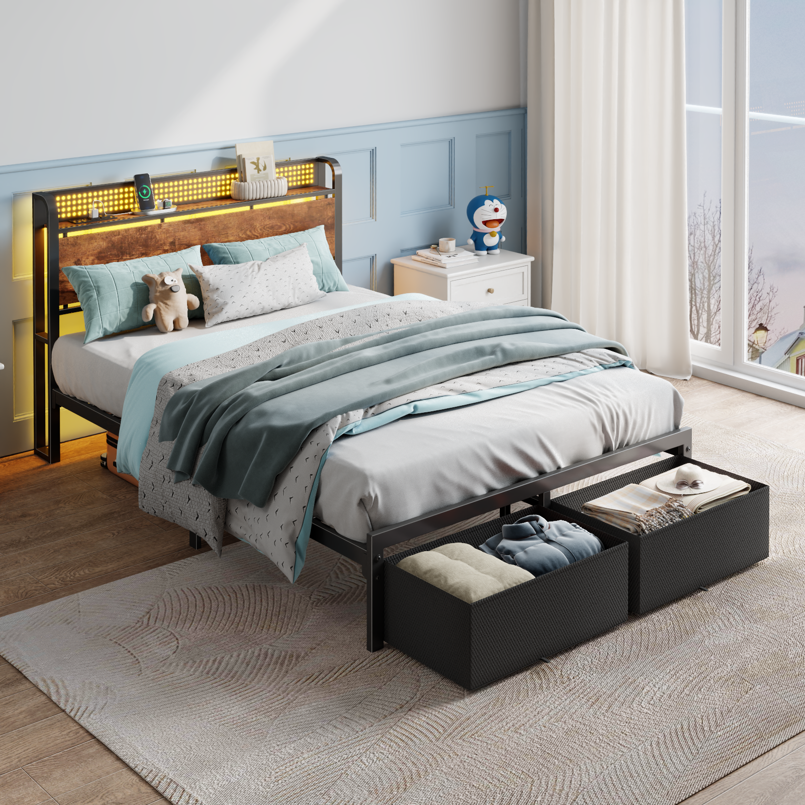 Full Size Platform Bed Frame 2 Storage Drawers Headboard LED Lights Charging Station Heavy Duty Metal Wood No Box Spring Needed Guest Bedroom USB