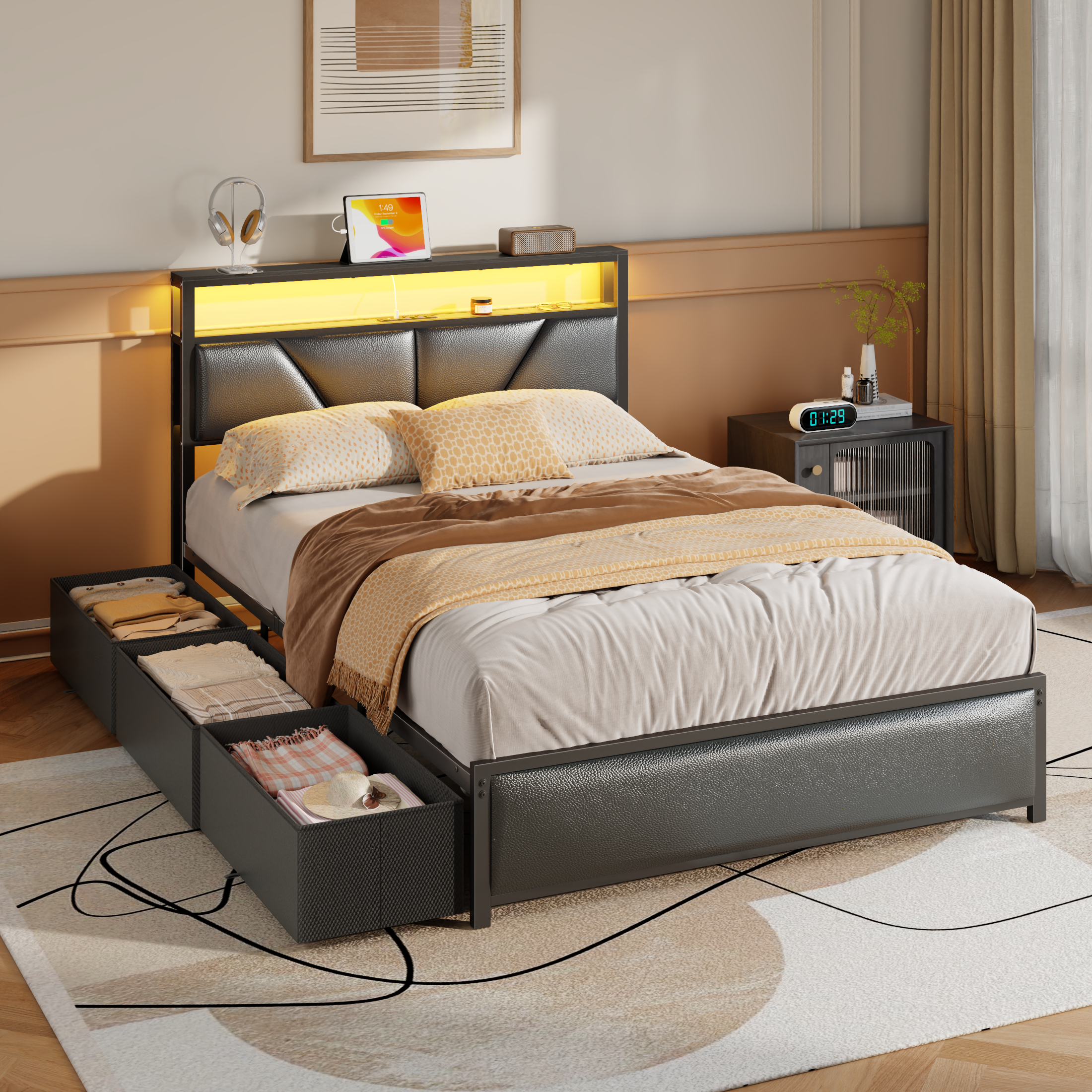 Qwatto Full Size Storage Bed Frame with 6 Drawers Charging Station LED Lights PU Leather Upholstered Headboard Platform Metal No Box Spring Needed