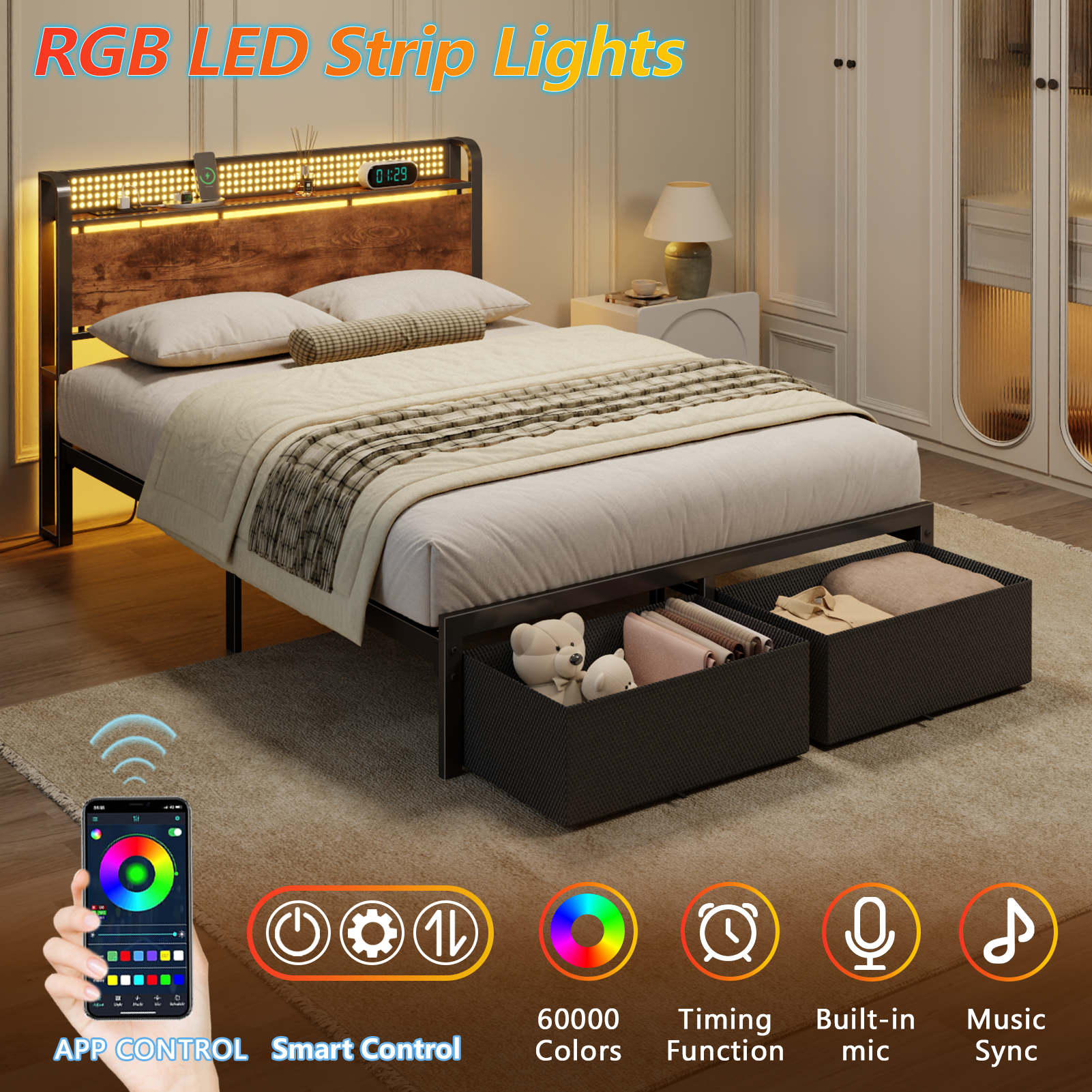 Full Size Platform Bed Frame 2 Storage Drawers Headboard LED Lights Charging Station Heavy Duty Metal Wood No Box Spring Needed Guest Bedroom USB
