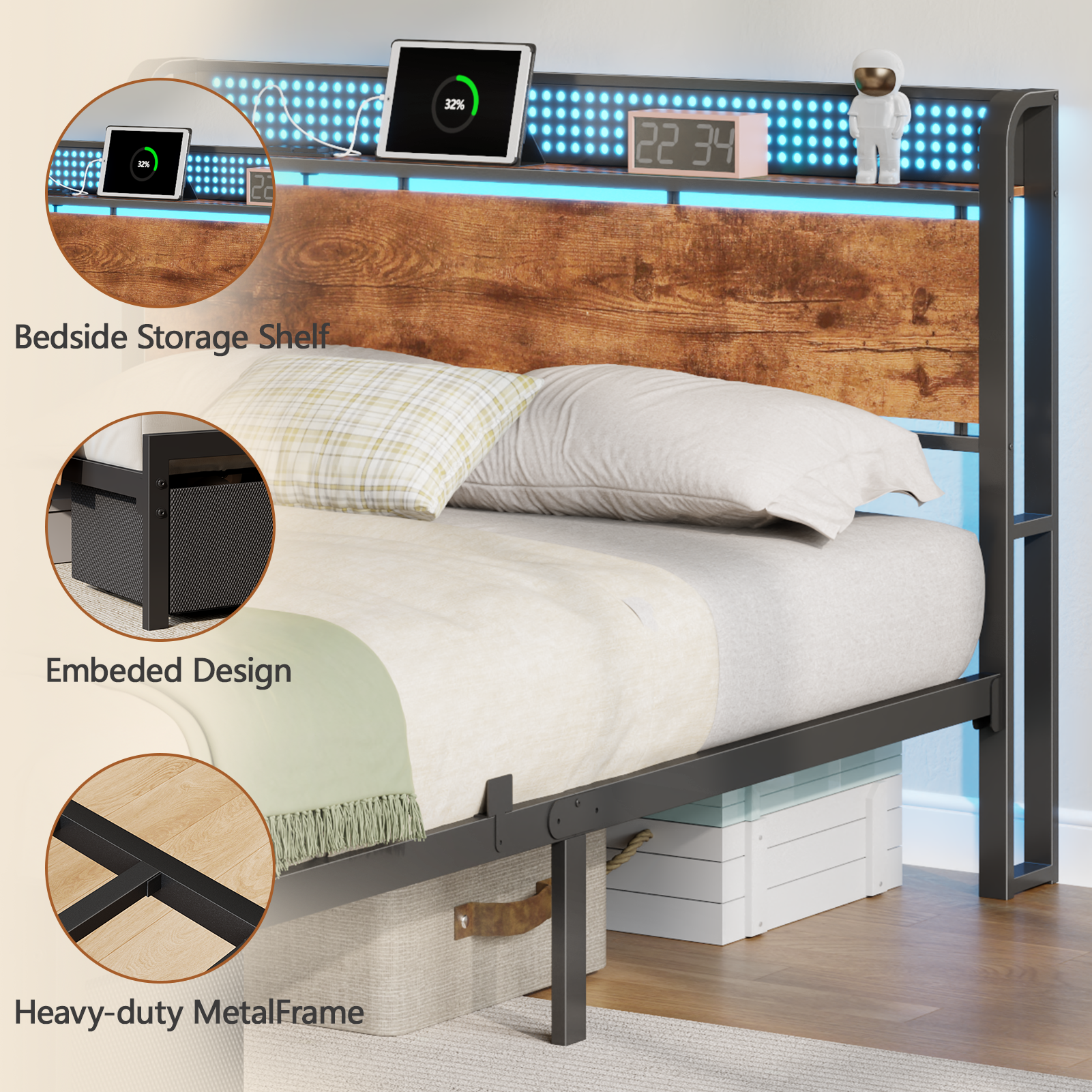 Furnulem Full Size Bed Frame with Headboard Storage Platform Bed Frame Full Size with 2 Drawers Charging Station and LED Lights No Box Spring Needed
