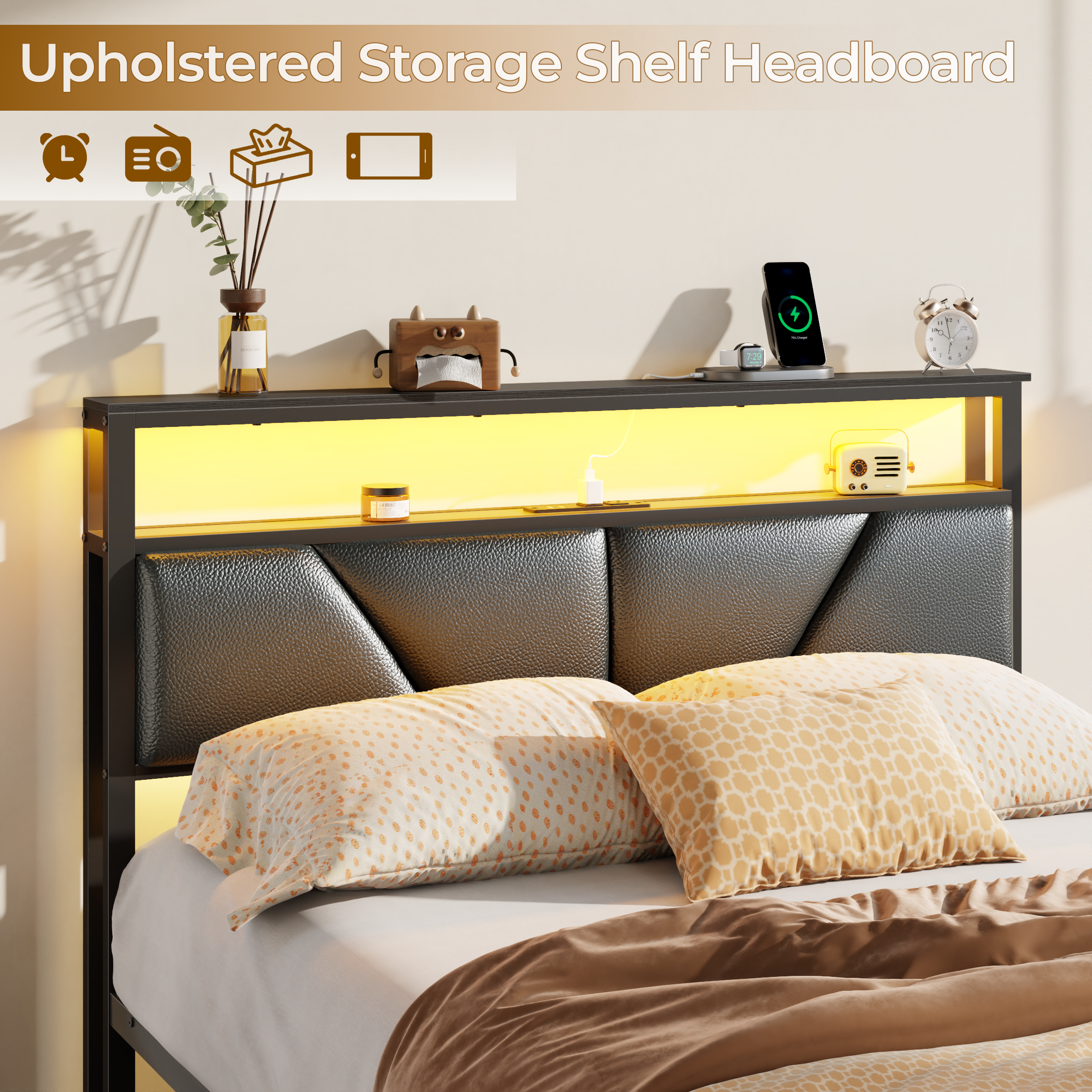 Qwatto Full Size Storage Bed Frame with 6 Drawers Charging Station LED Lights PU Leather Upholstered Headboard Platform Metal No Box Spring Needed
