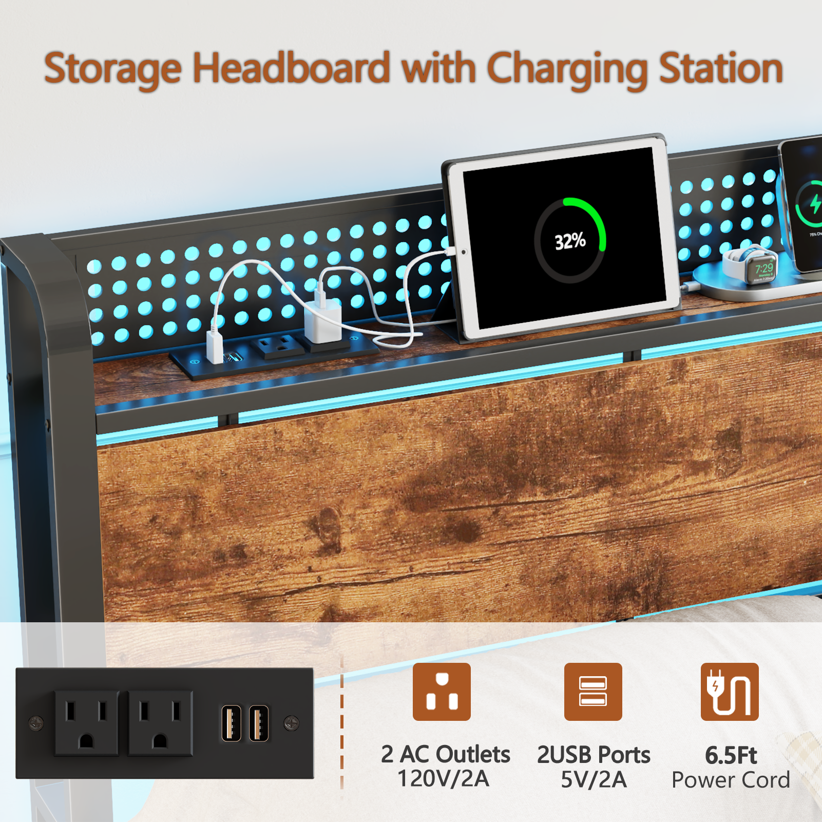 Furnulem Full Size Bed Frame with Headboard Storage Platform Bed Frame Full Size Charging Station and LED Lights