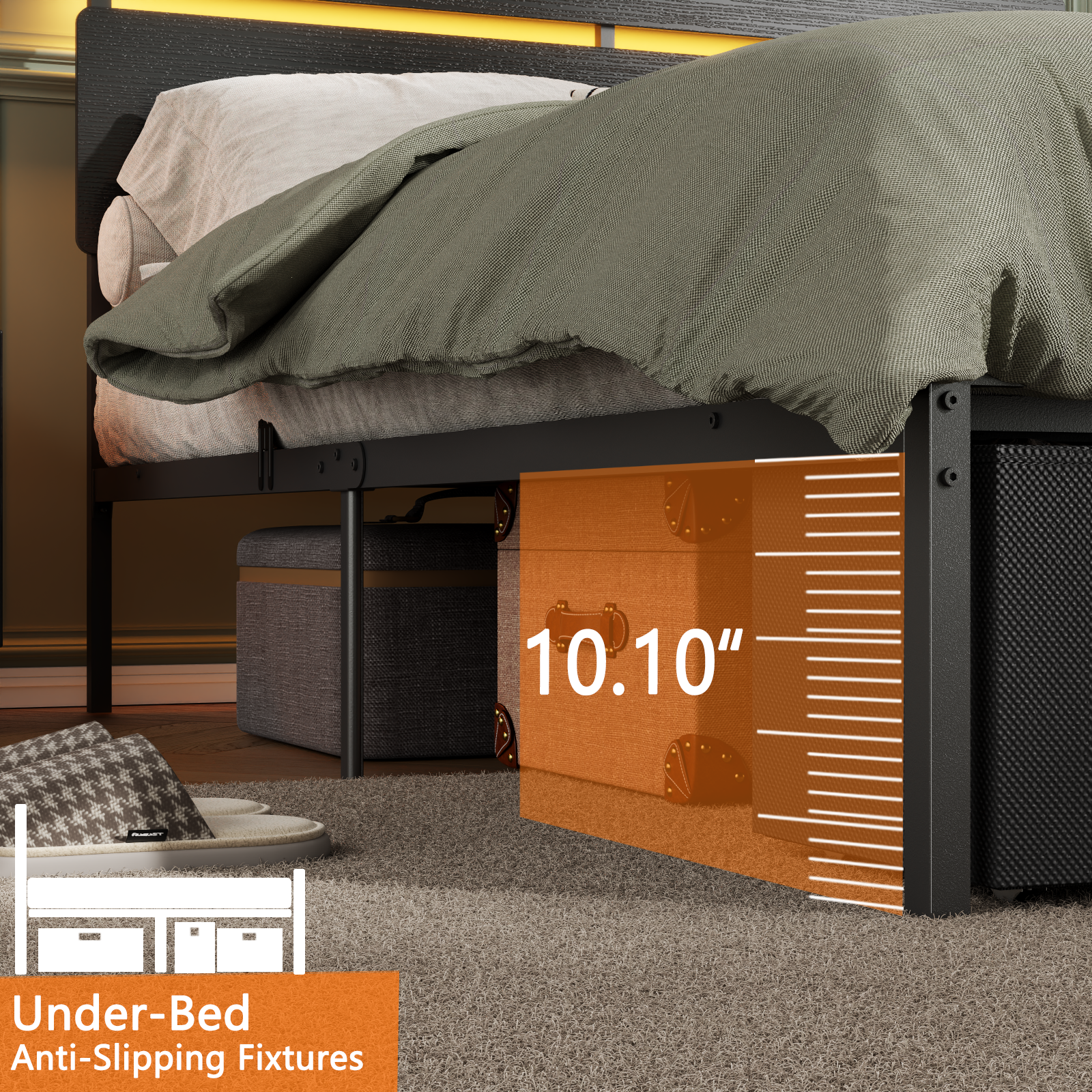 Full Size Platform Bed Frame with 2 Storage Drawers Charging Station Storage Headboard LED Lights Black Metal No Box Spring Needed