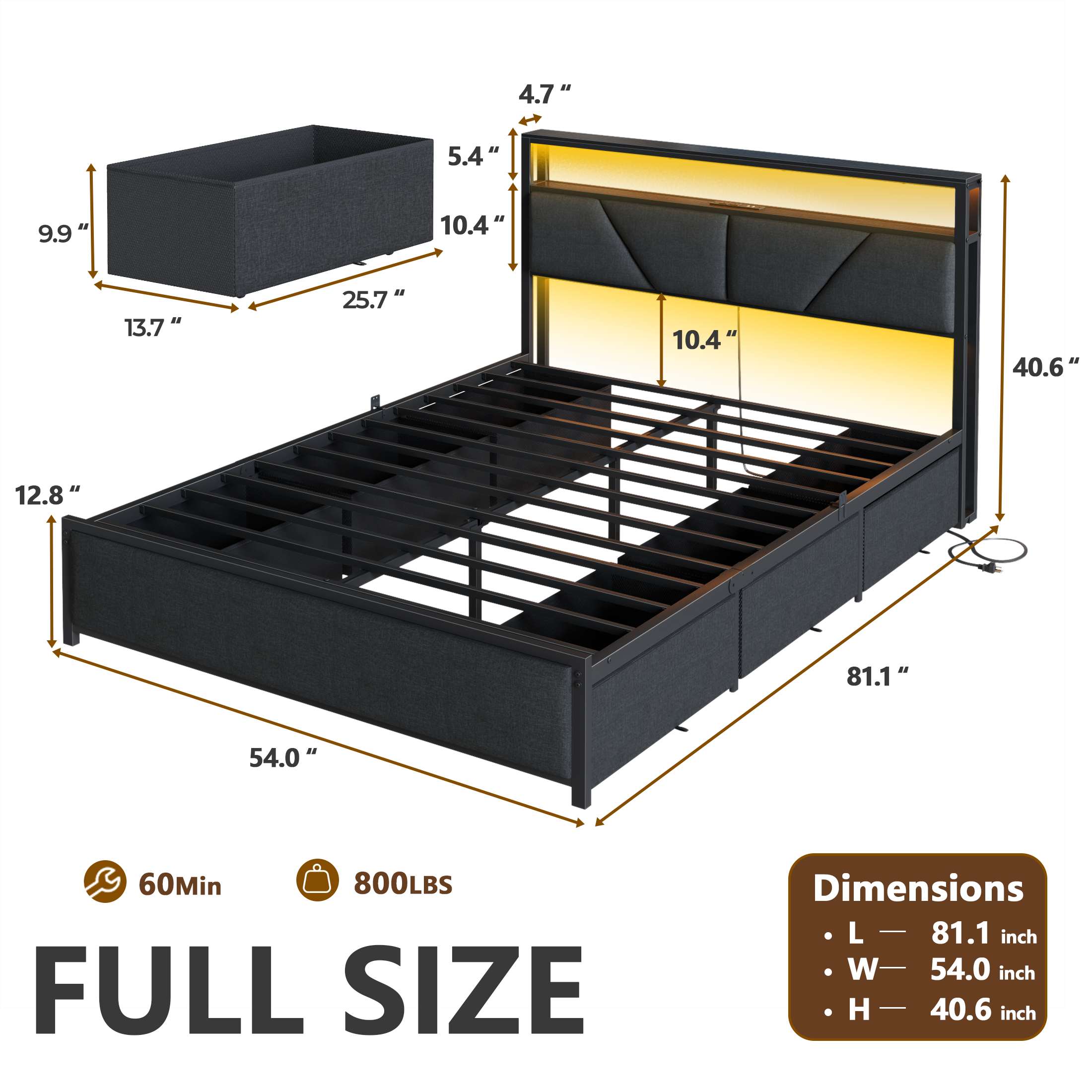 Qwatto Full Size Bed Frame with 6 Storage Drawers Charging Station LED Lights Upholstered Storage Headboard Metal Platform No Box Spring Needed