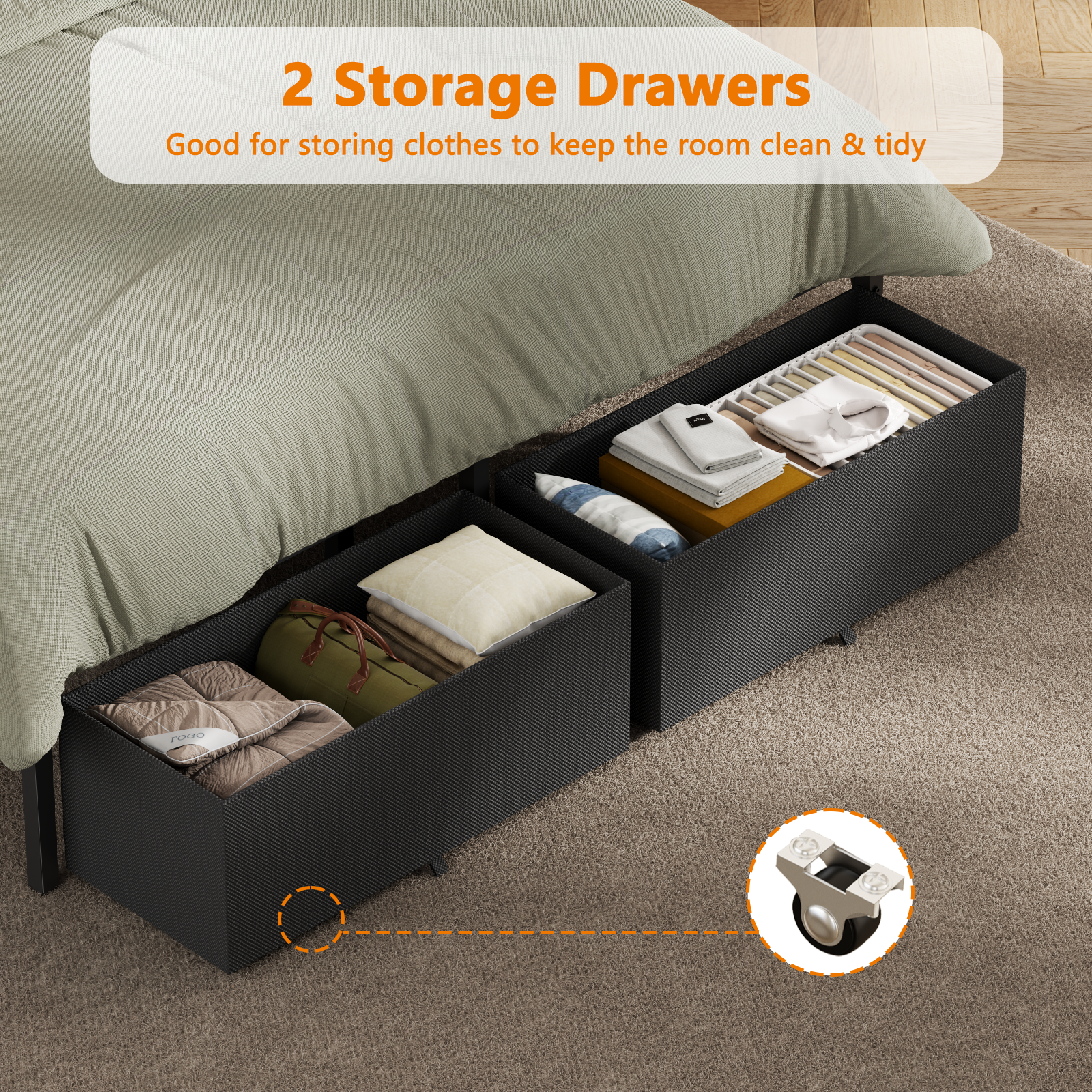 Black Full Metal Bed Frame with Wood Storage Headboard LED Lighting Charging Station Heavy Duty Platform 2 Drawers No Box Spring