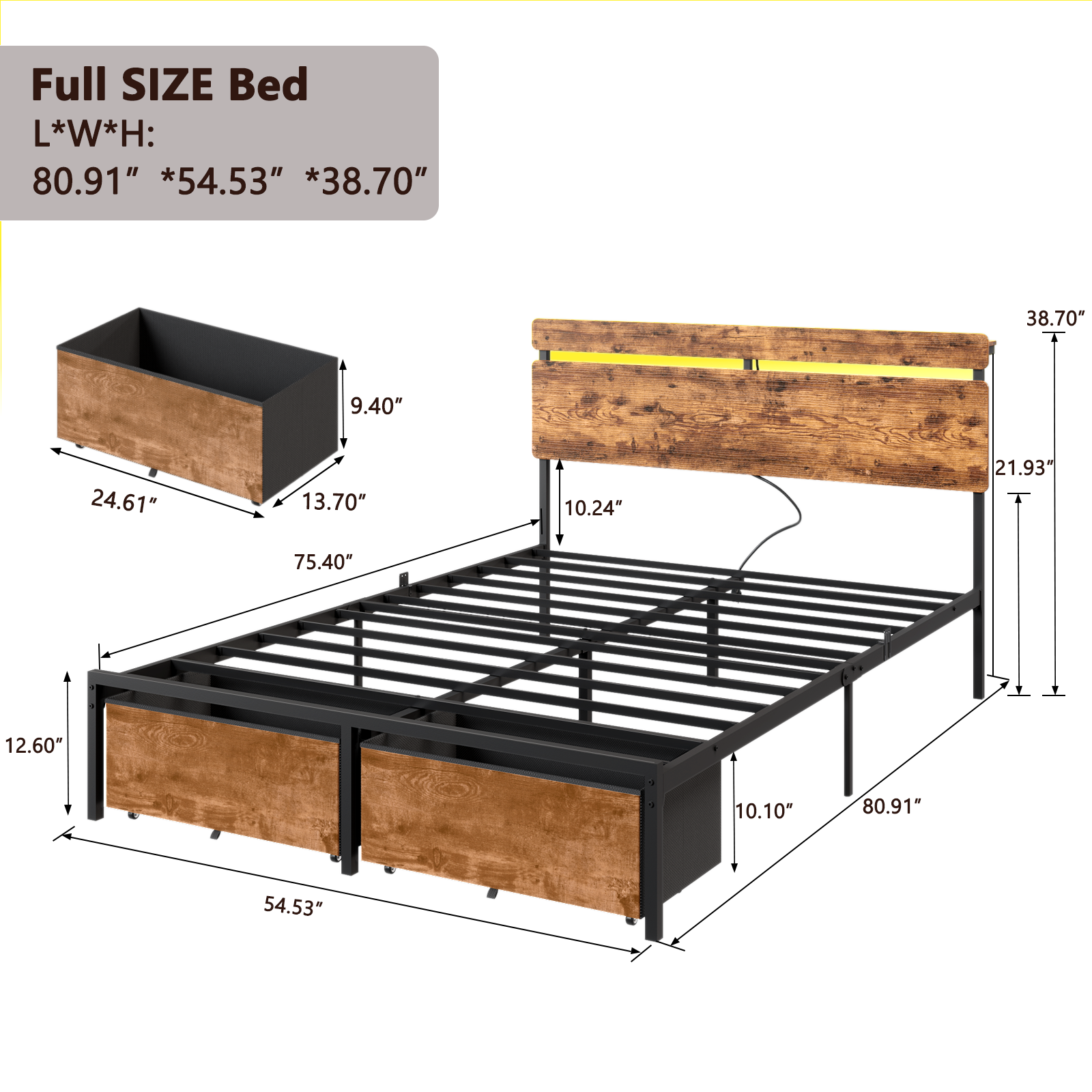 Full Size Bed Frame with Wood Headboard Metal Platform Bed with 2 Storage Drawers Shelf Built in Charging Station LED Lights No Box Spring Needed