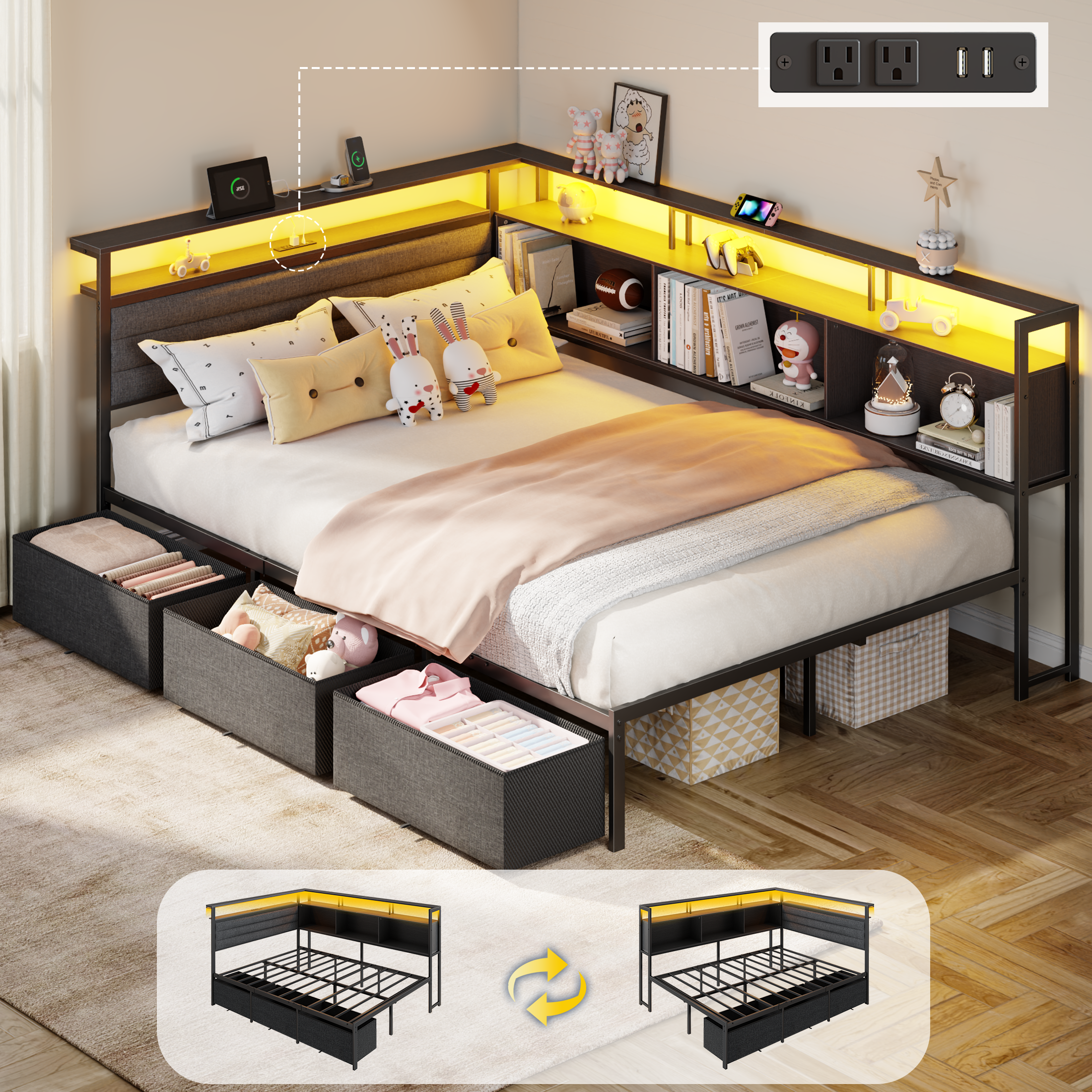 Black Full Bed Frame with LED Lights Charging Station Storage Bookcase 3 Drawers Upholstered Headboard Corner Daybed No Box Spring Support