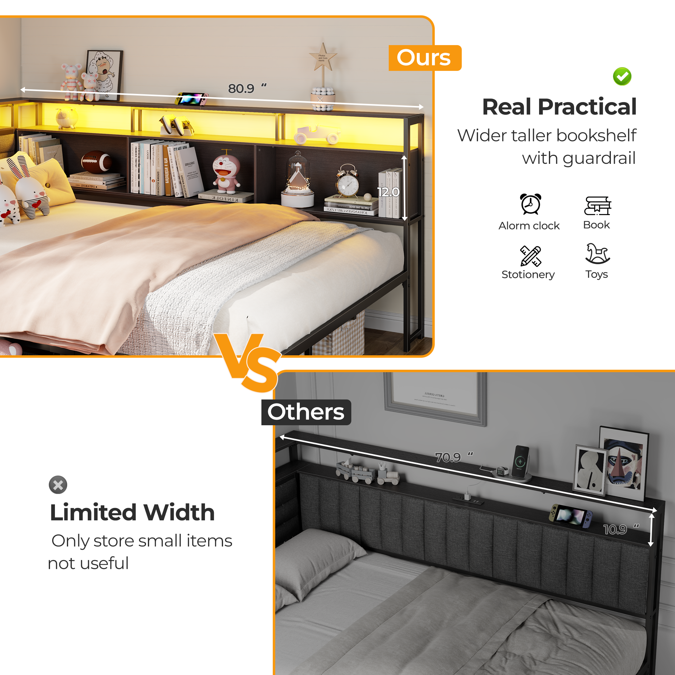 Full Size Daybed with 3 Storage Drawers Charging Station LED Lights Bookcase Headboard Black Upholstered Corner Bed Frame Kids Teens Room