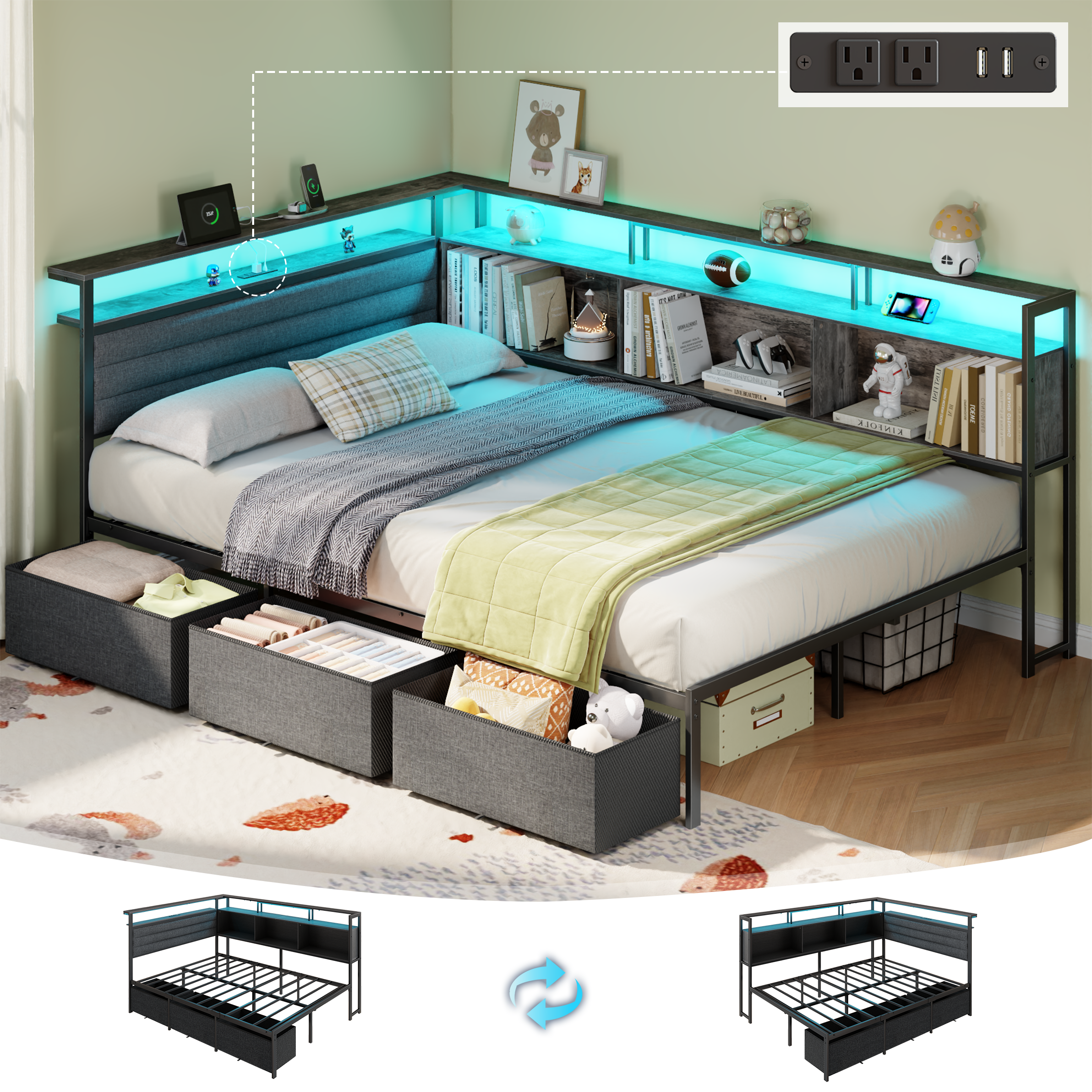 Furnulem Full Size Bed Frame with Headboard and Storage Drawers Full Metal Platform Corner Bed Frame with Charging Station and LED Lights Gray