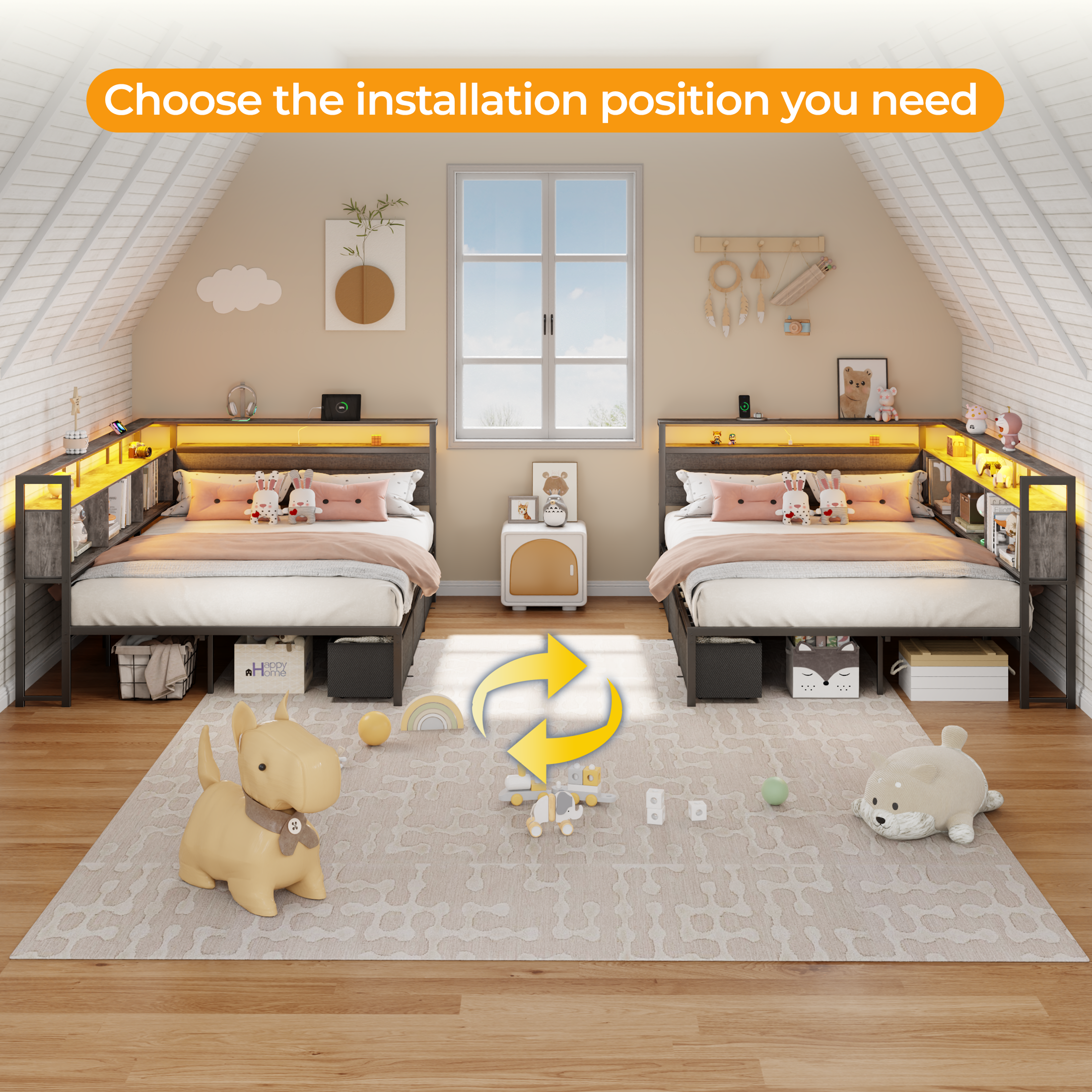 Furnulem Full Size Bed Frame with Headboard and Storage Drawers Full Metal Platform Corner Bed Frame with Charging Station and LED Lights Gray