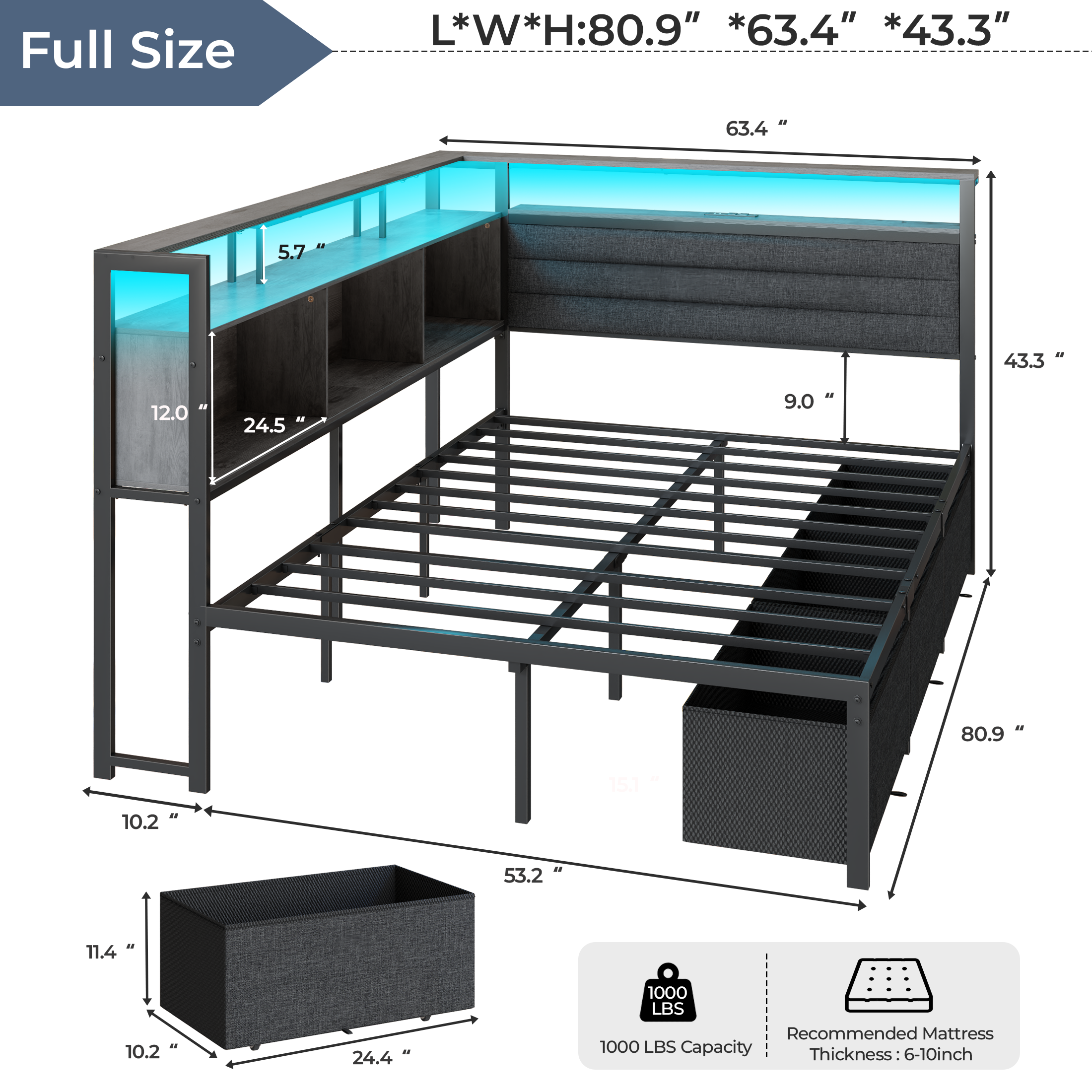 Furnulem Full Size Bed Frame with Headboard and Storage Drawers Full Metal Platform Corner Bed Frame with Charging Station and LED Lights Gray